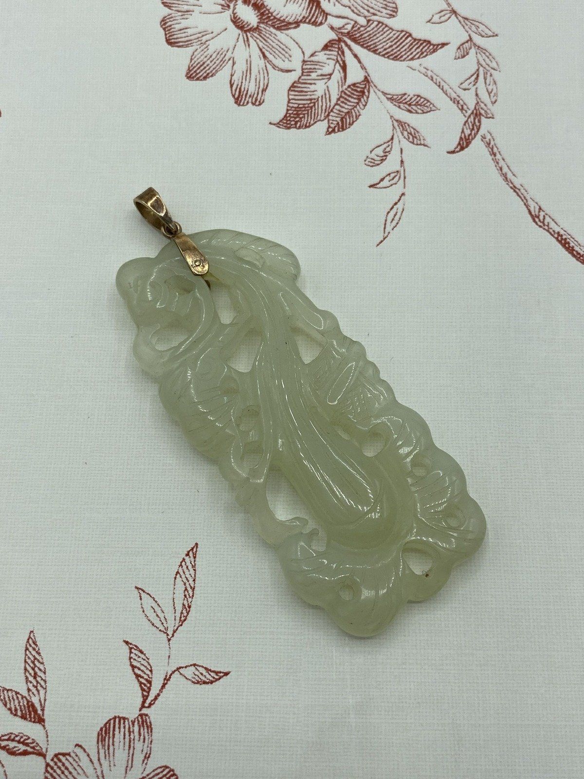 Chinese Fauna Carved Natural Jade Pendant w 14k Gold Bail 2