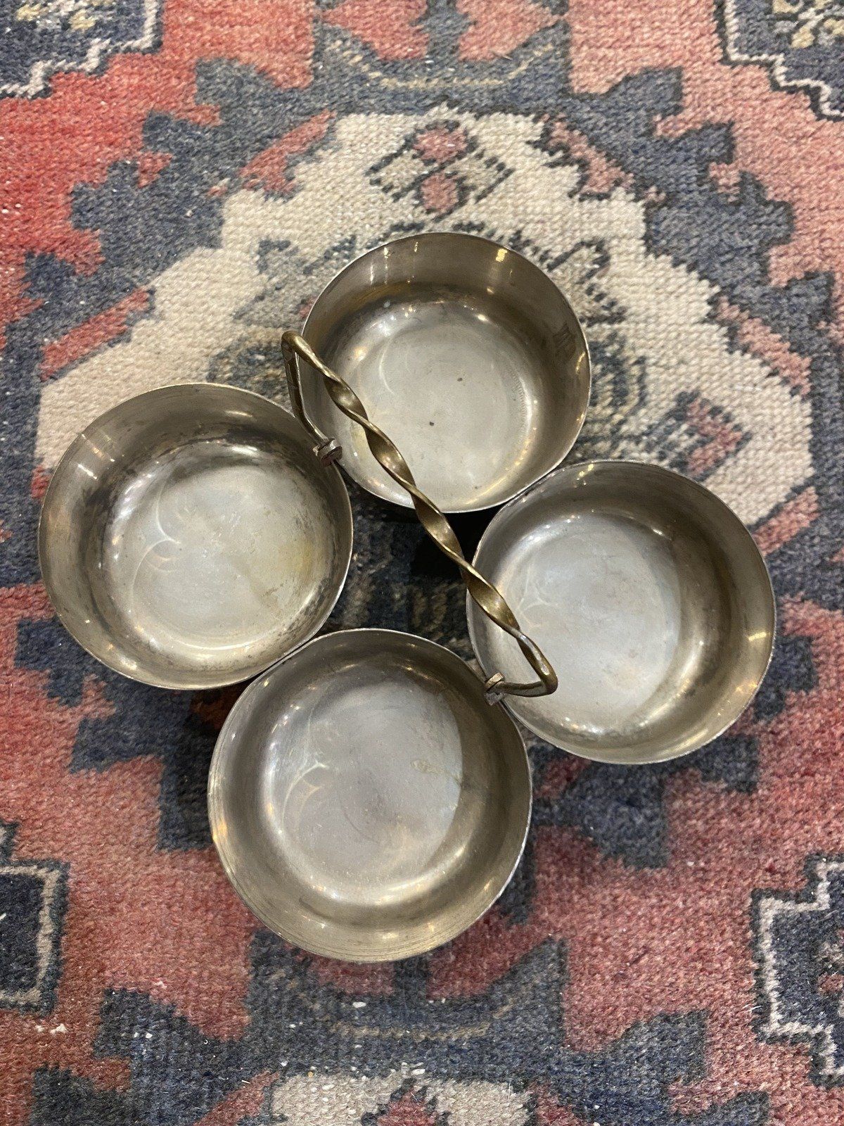 Vintage India Made 4x Vessel Brass Chopala Spice/Incense Dish w Handle