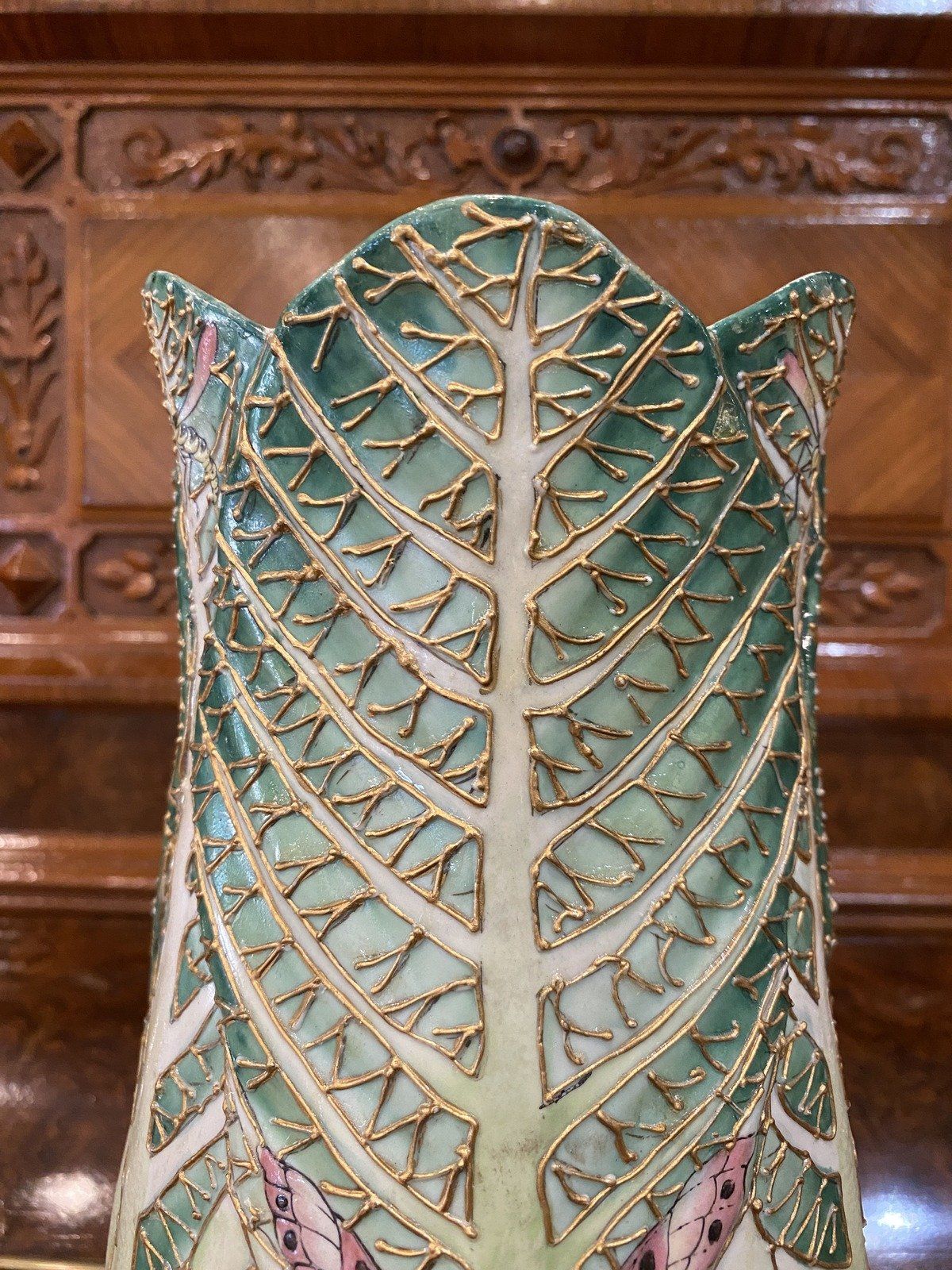 Antique Inspired Chinese Cabbage Leaf + Gilt Butterfly Vase 4