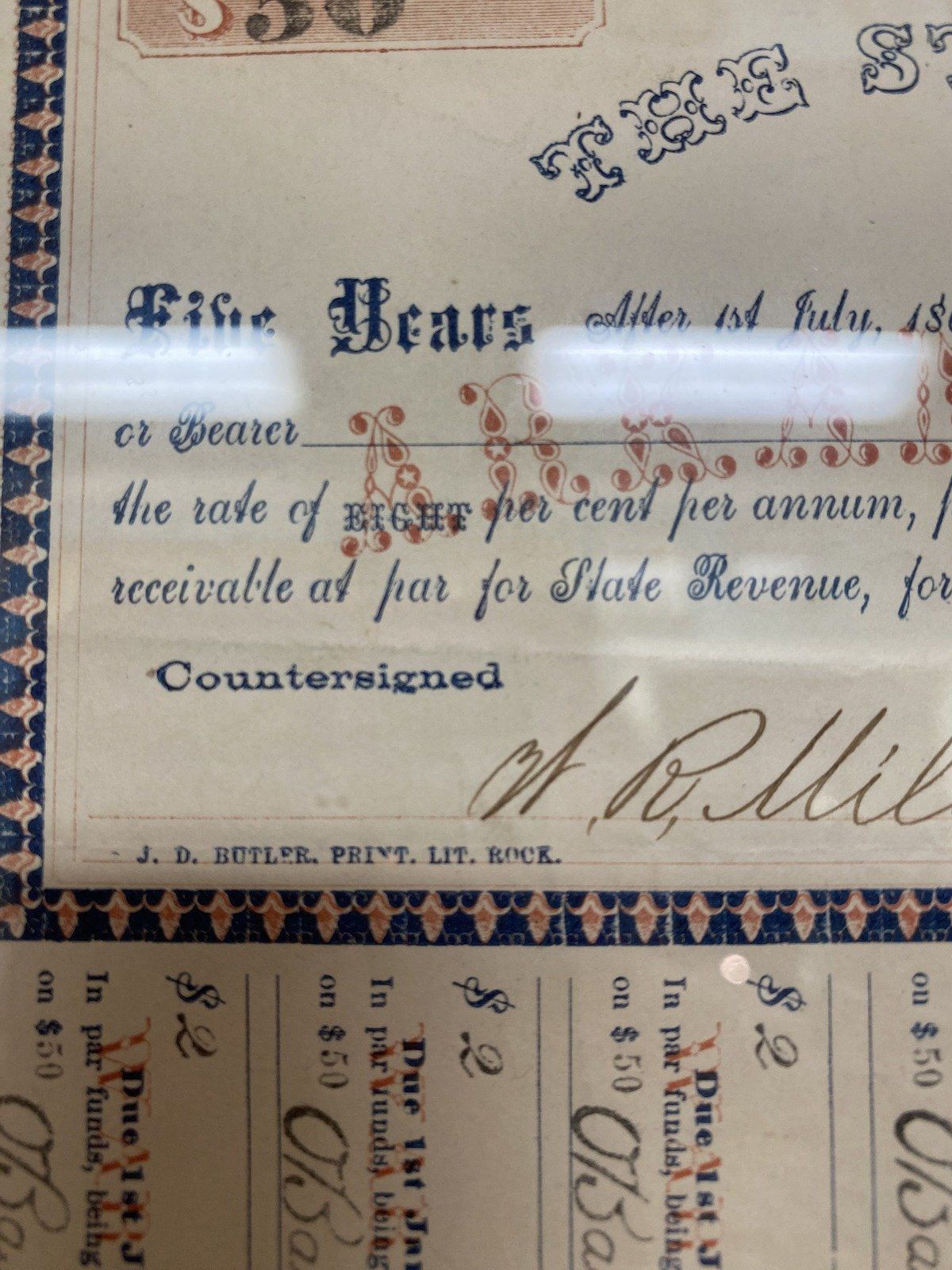 Framed Civil War Era Arkansas State c.1861 $50 War Bond 5