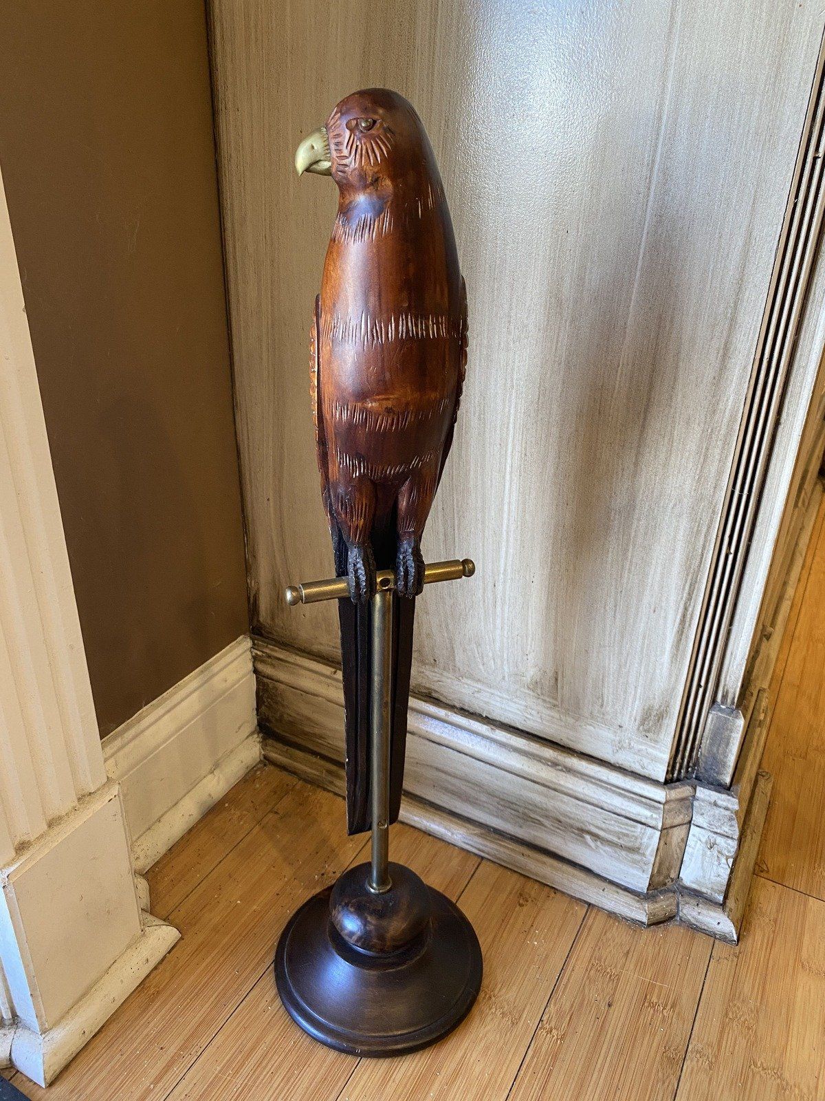 SARREID LTD Hand Carved Wood Bird on Brass Cage Stand 2