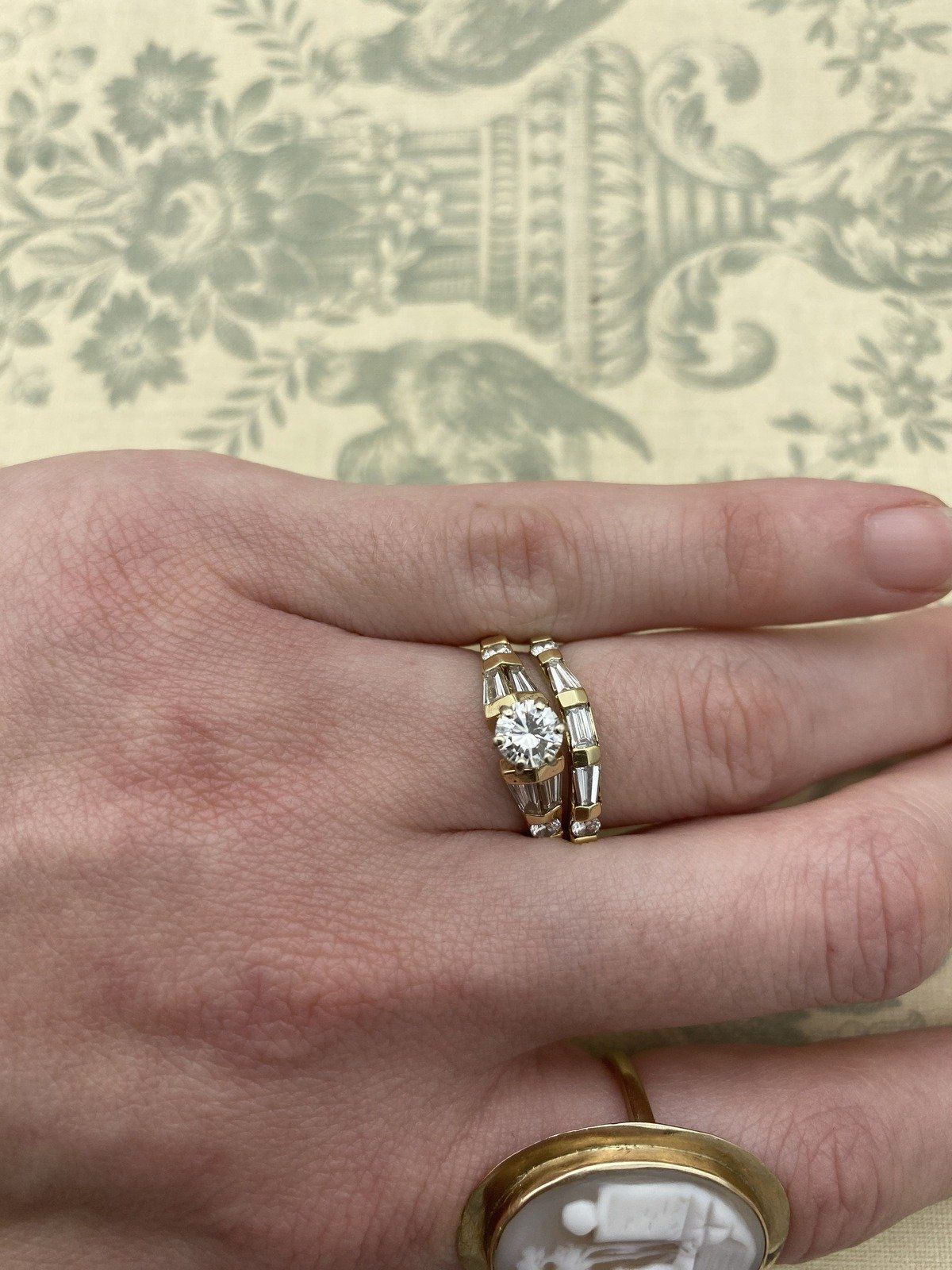 14k Gold 1.52ctw Round Brilliant + Baguette Accented Bridal Engagement Ring Set w GIA + APP 7