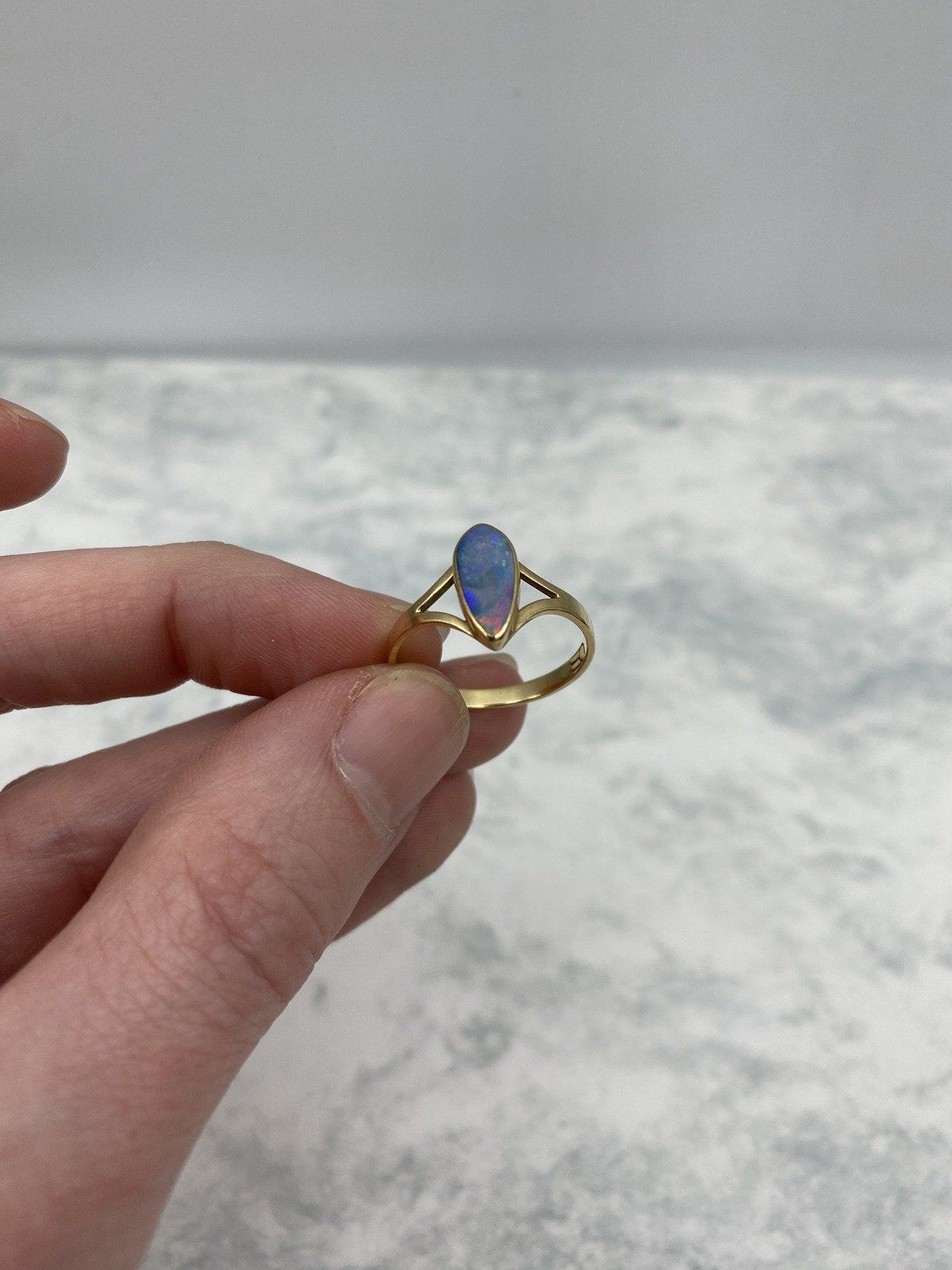 Lovely Narrow Pear 14k Gold Black Opal Ring w Lovely Fire + Split Shoulder Design 10