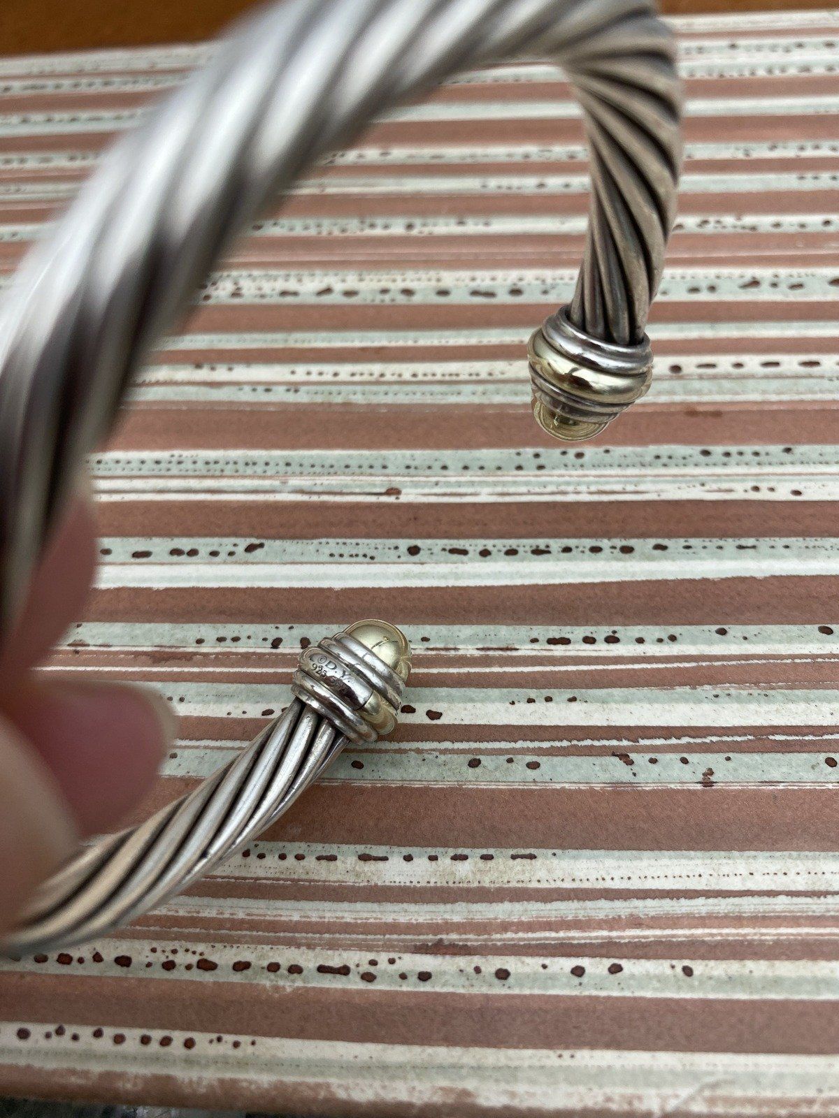 David Yurman Sterling Silver + 14k 8mm Classic Cable Twist Bangle Bracelet w Gold Finials 6.75 3