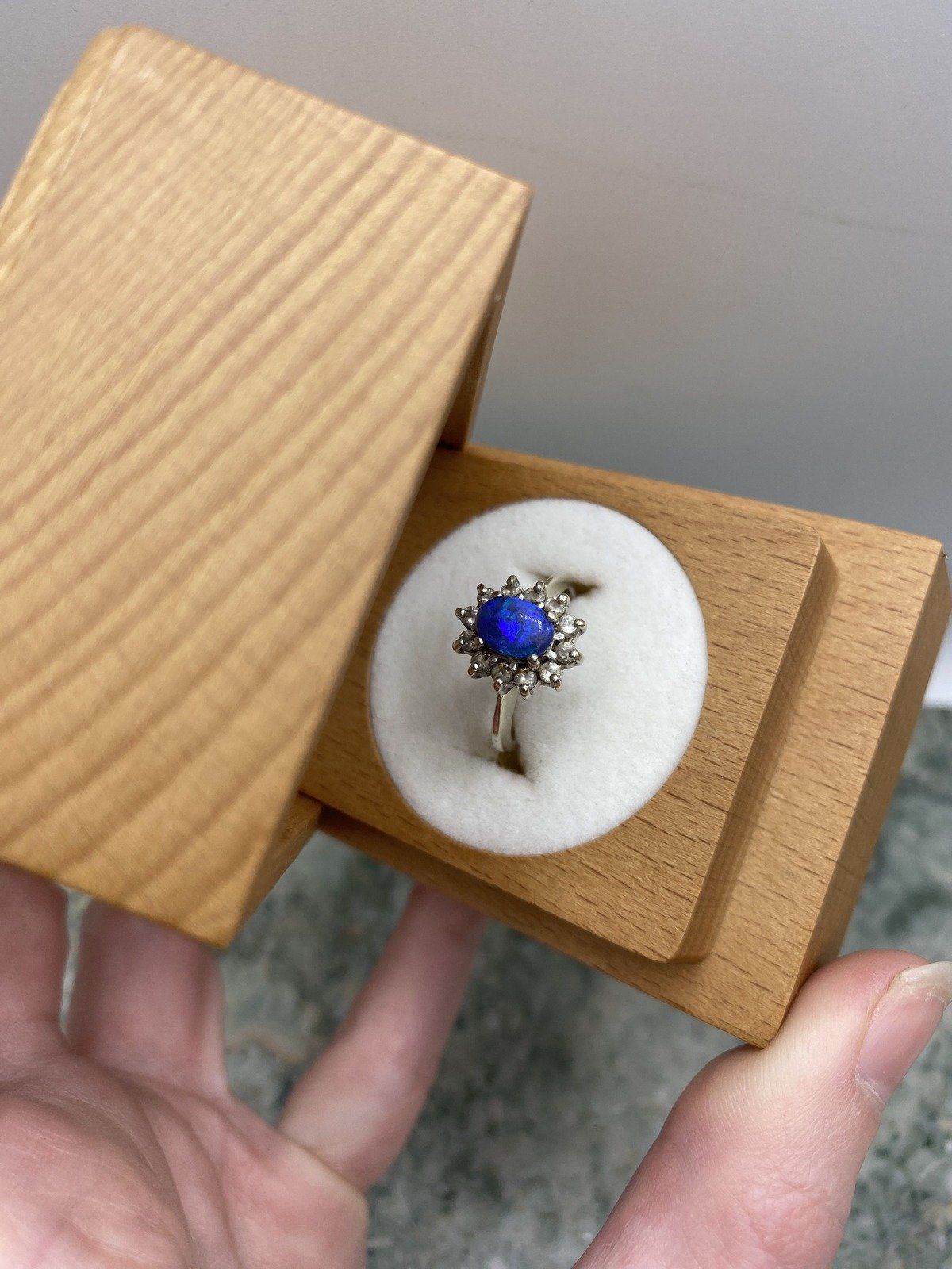 Vintage 14k White Gold Black Opal Princess Ring w Diamond 3
