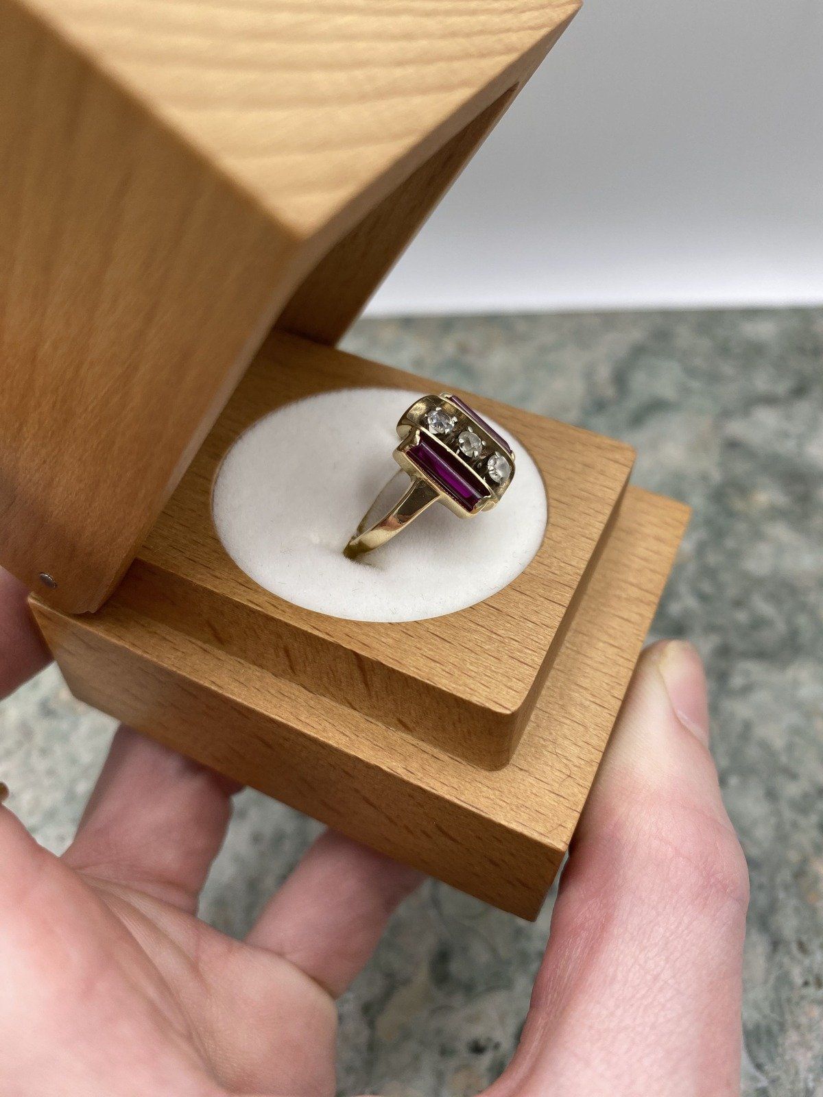 Antique 10k Gold Red Glass Column + Paste CZ Ring 3