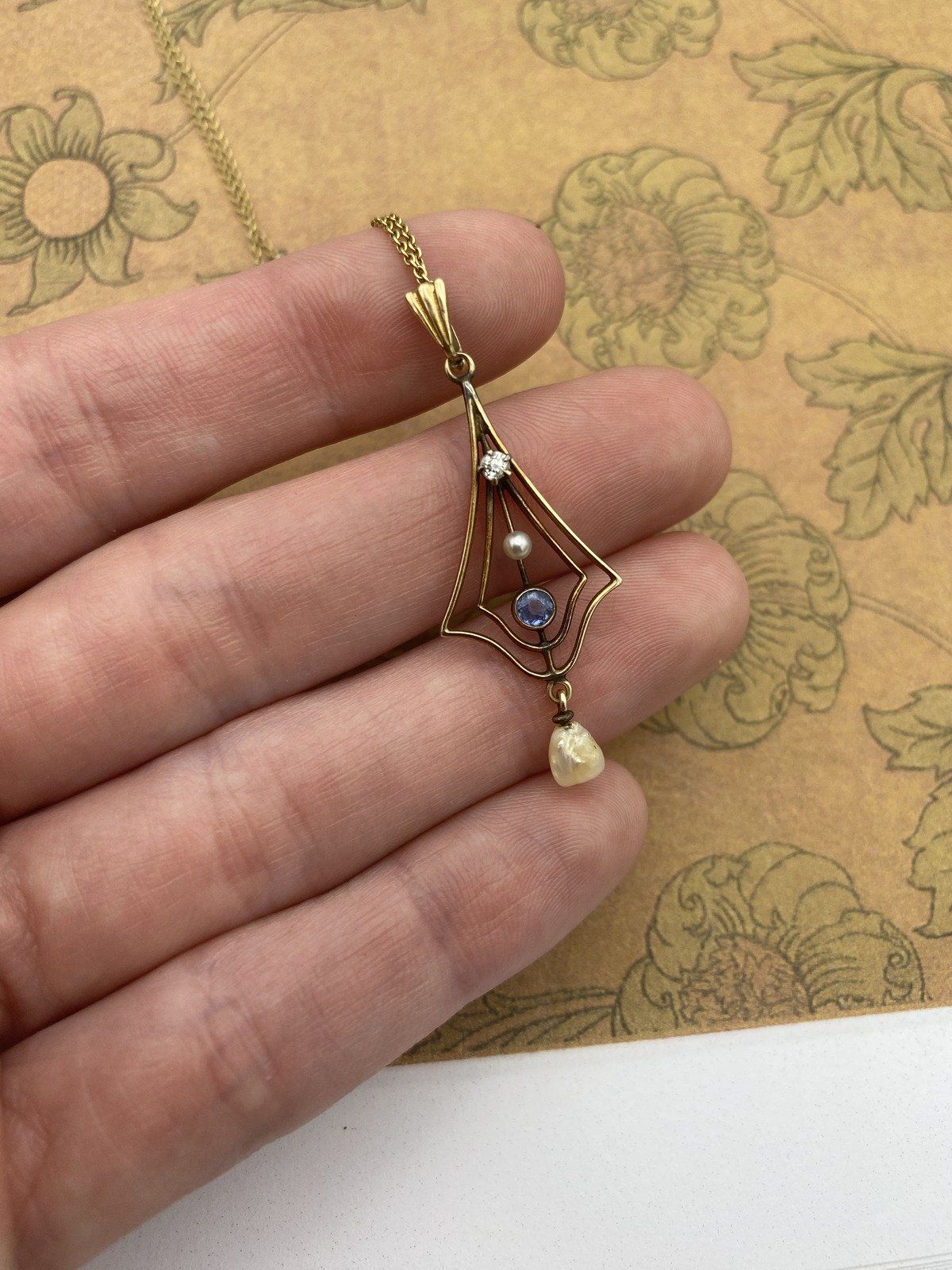 Antique Edwardian 14k Dainty Lavalier Sapphire + Diamond Pearl Drop Necklace 4
