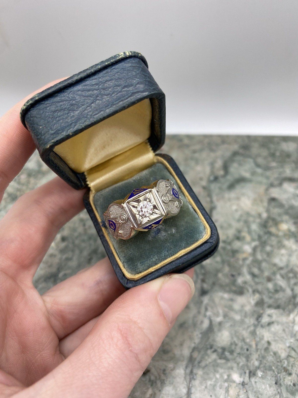 Men's Antique 14k Dual Gold Blue Enamel + .45ct Diamond Free Mason Grand Lodge Ring 2