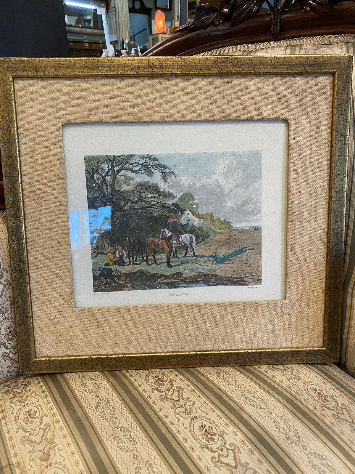 Framed 17.5x19 Hand Colorized Spring Engraving Signed J. Dearman
