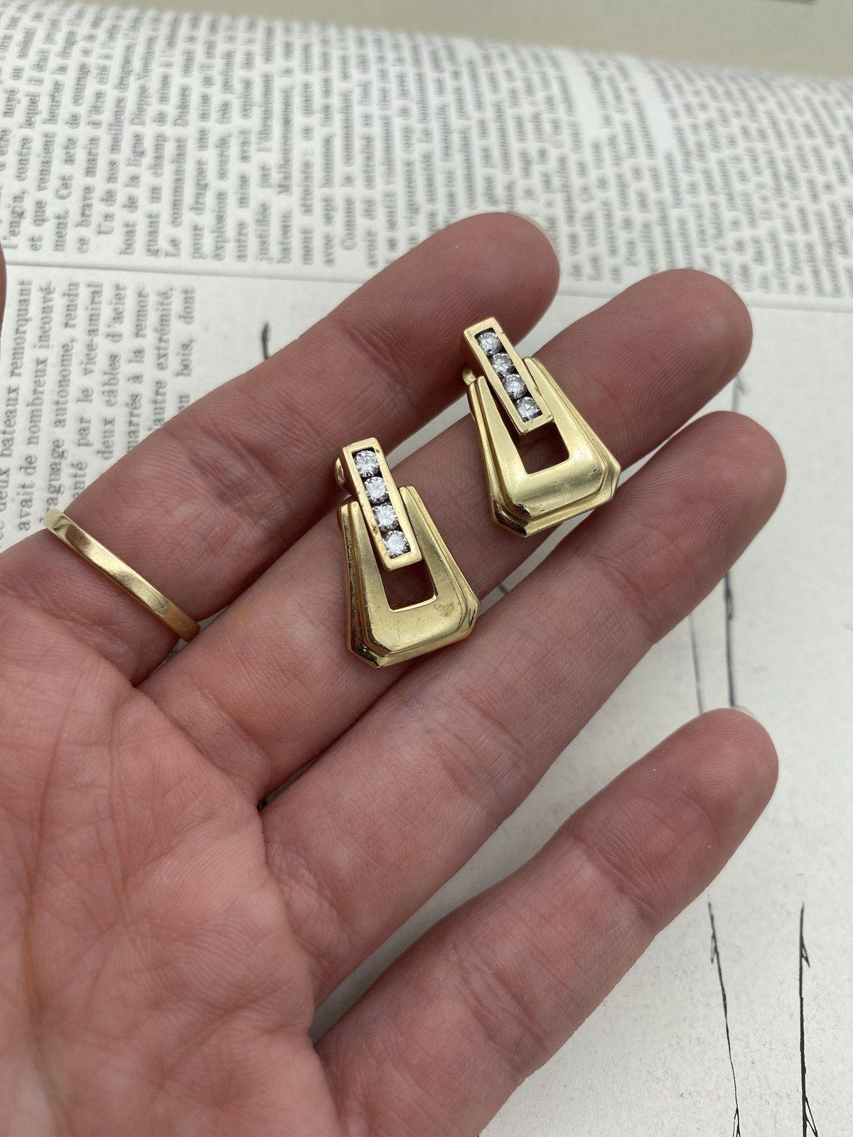 14k Gold Channel Set Diamond Buckle Drop Earrings 6
