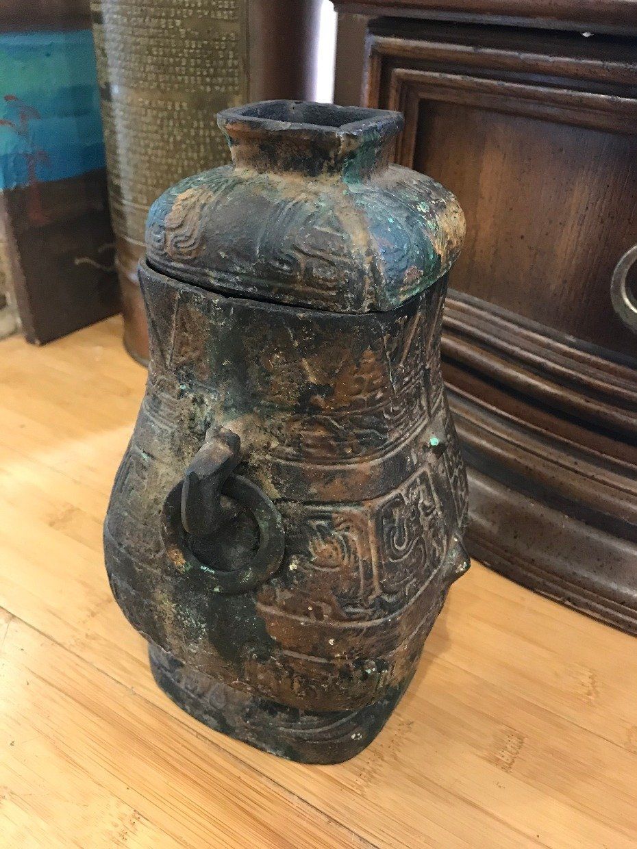 Antique Style Japanese Made Ornate Cast Iron Chinese Inspired Wine Vessel 9