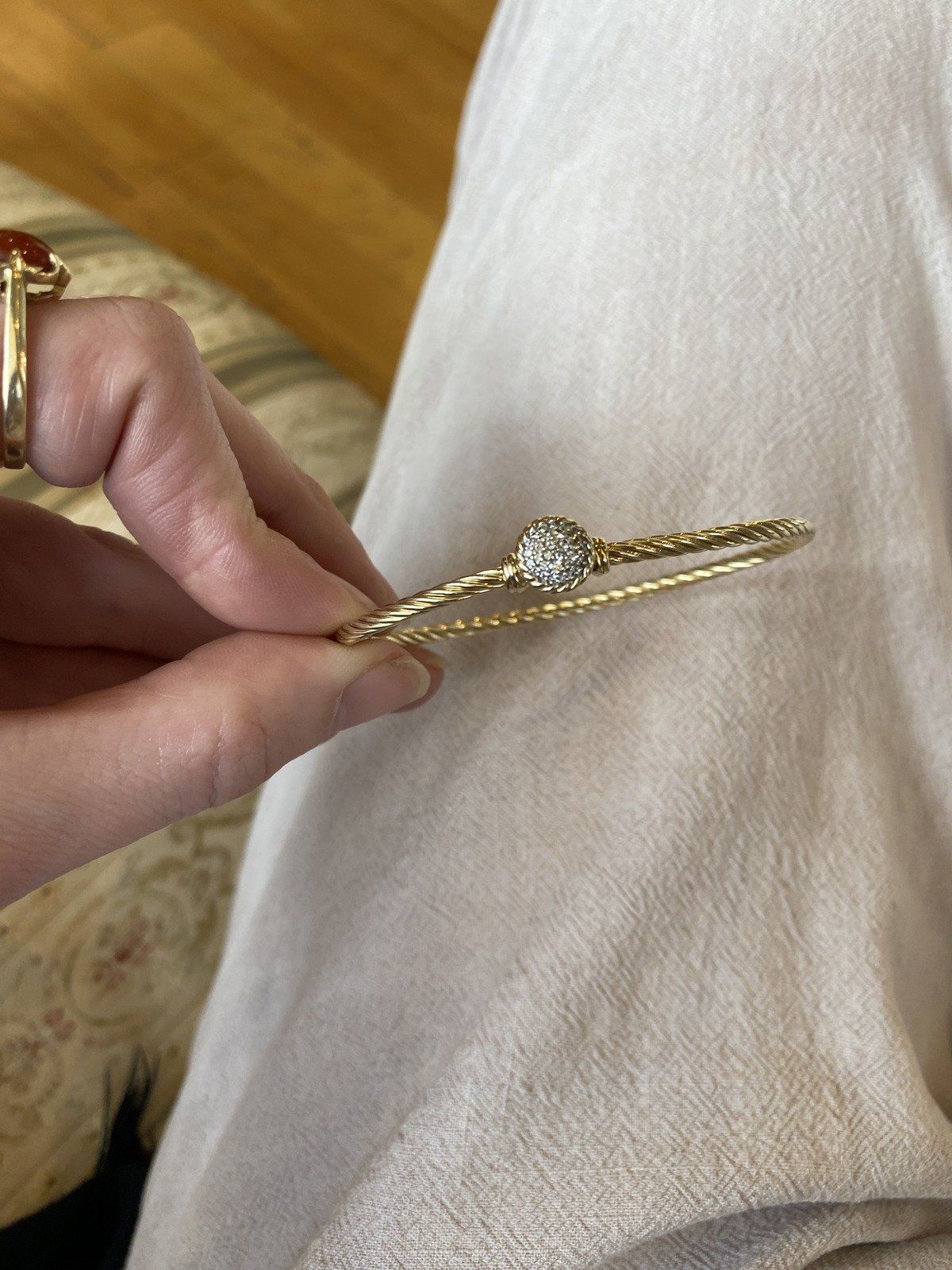 David Yurman 18k Solid Gold 3mm Cable Twist Bangle Bracelet w Pave Diamond Circlet Finial 6.5 4