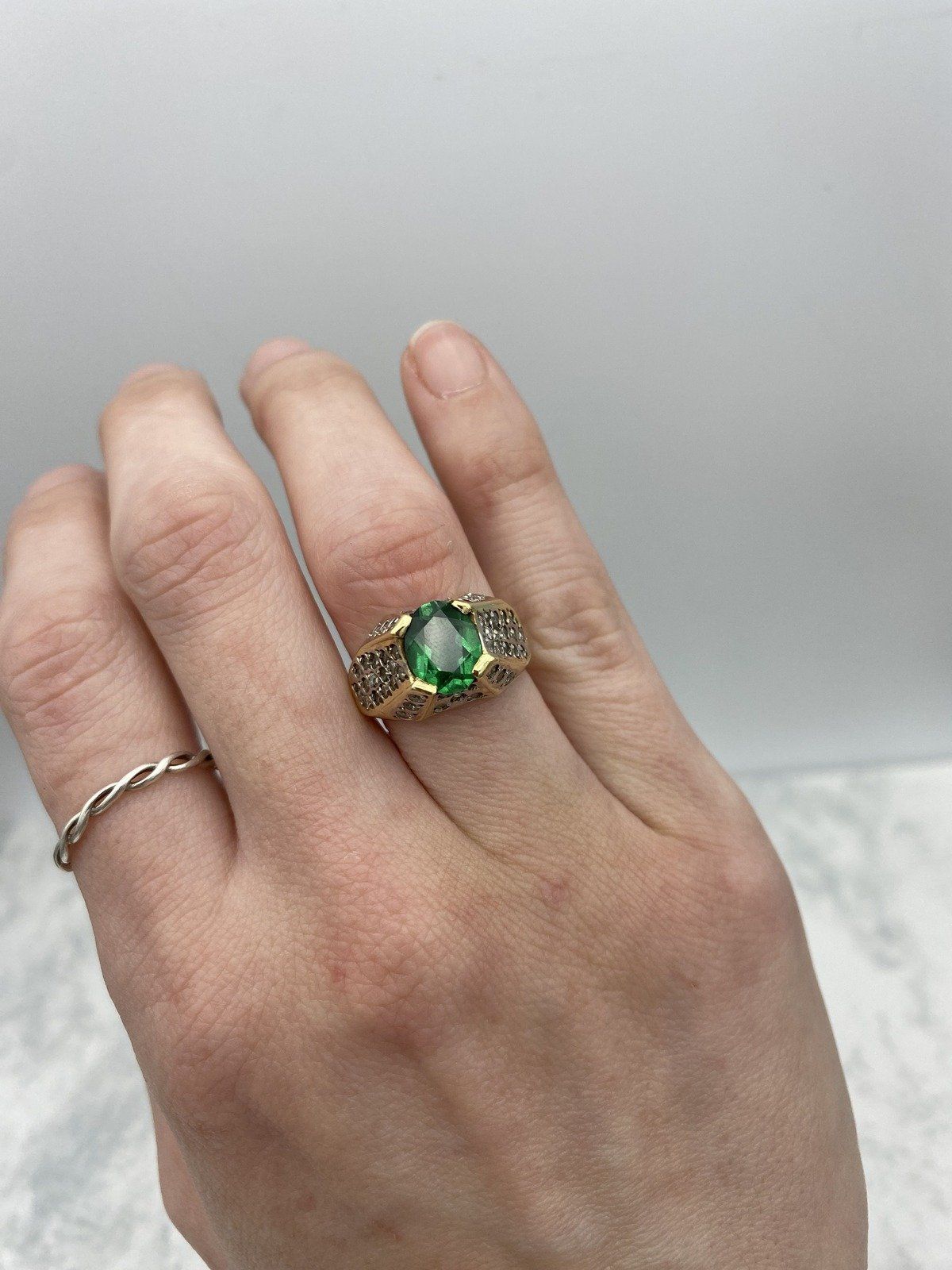 14k Gold Bespoke Tsavorite Green Garnet Cocktail Ring w Mixed Colored Diamond Setting 10