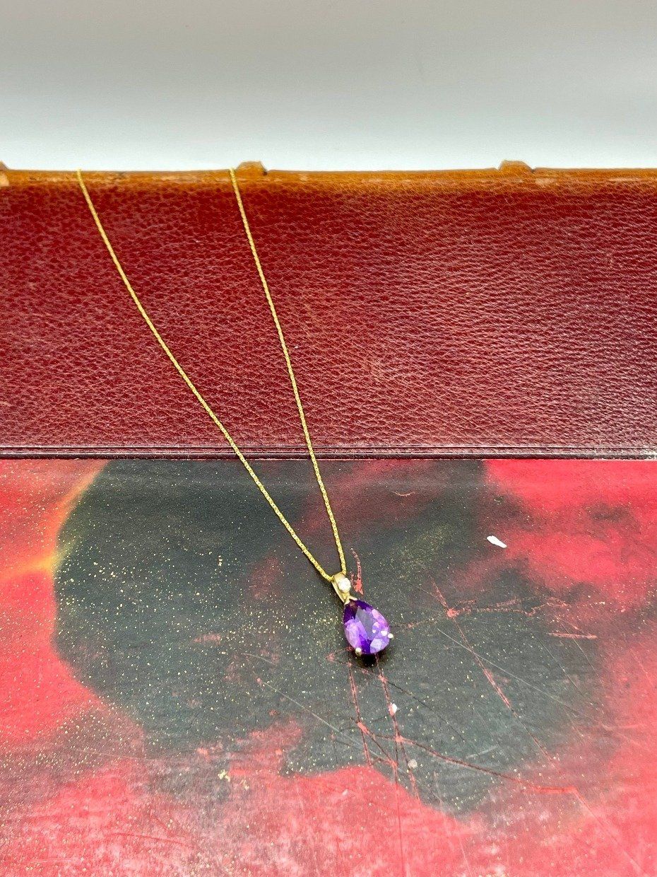 14k Gold Pear Cut Natural Amethyst 18L Necklace w Diamond Accent + Twisted Box Chain 2