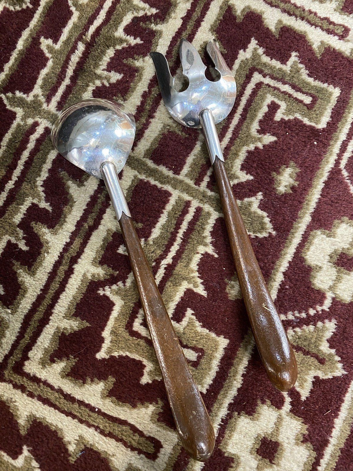 Pair of Primitive Wood Handle + Sterling Silver Salad Serving Utensils 6