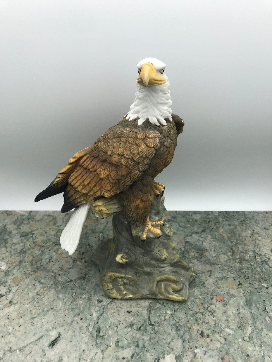 Large Bisque Porcelain Eagle Figurine w Tree Stump Base