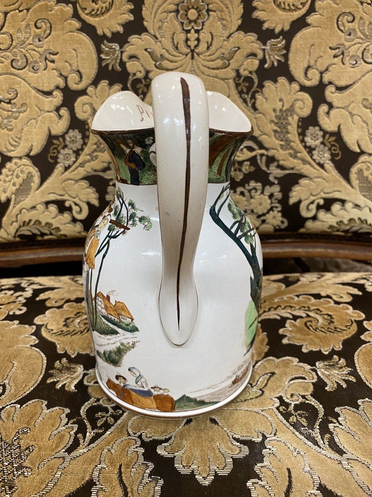 Antique c.1908 Ceramic Hand Painted Mayflower Pilgrimage Finely Detailed Buffalo Pottery Crock Milk Pitcher 3