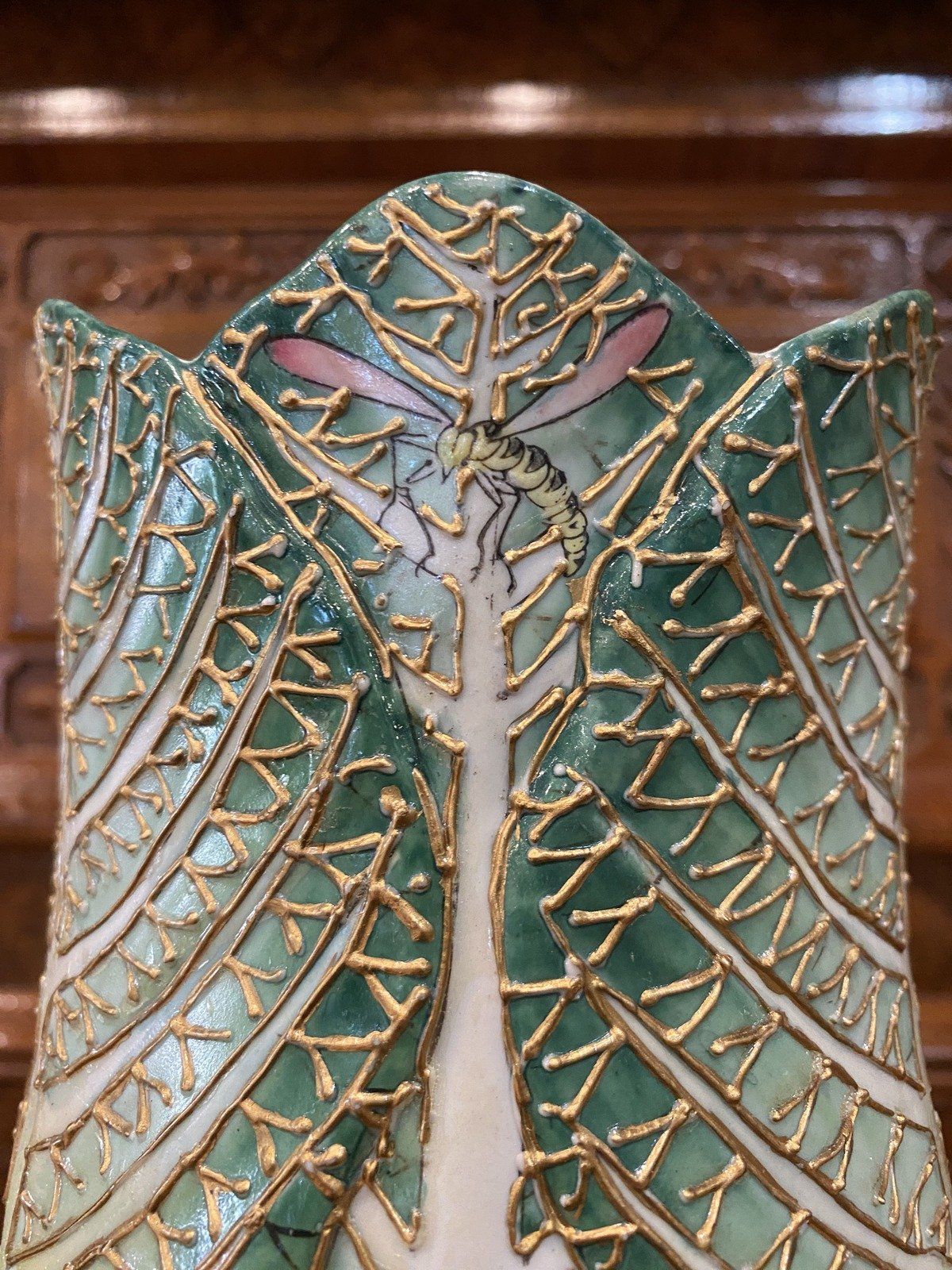 Antique Inspired Chinese Cabbage Leaf + Gilt Butterfly Vase 6