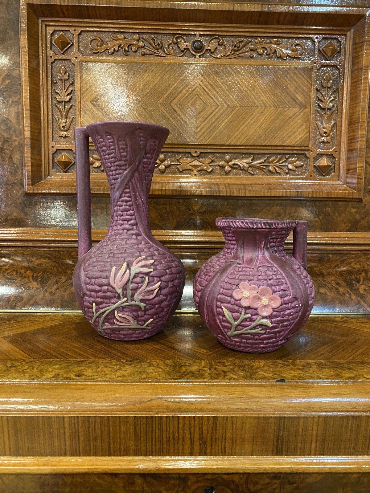 Pair of Unidentified Basket Weave + Floral Ceramic Ewer Vases 7