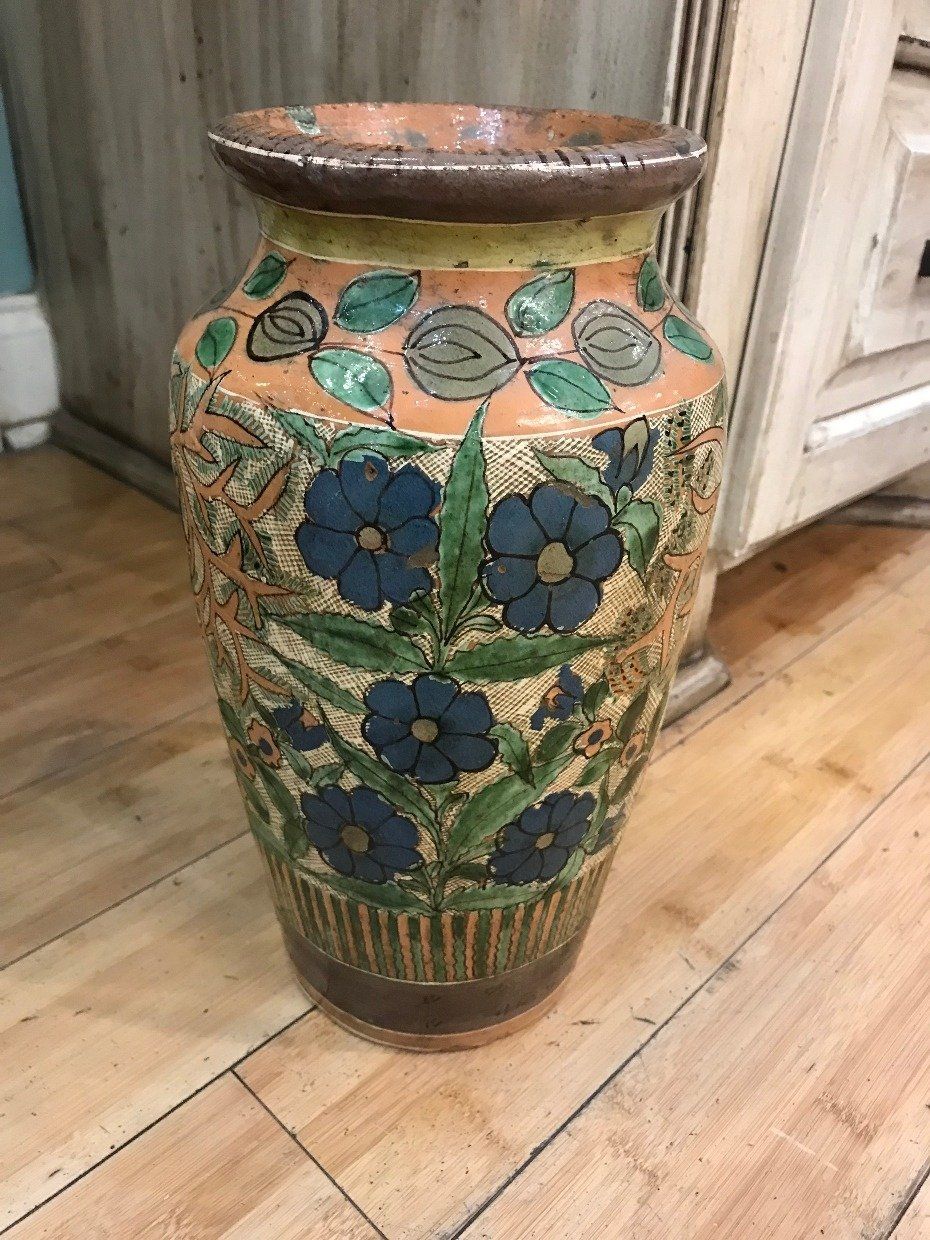 Fetching Signed Mexico Terra Cotta Painted Vase w Beautiful Fauna Detailing