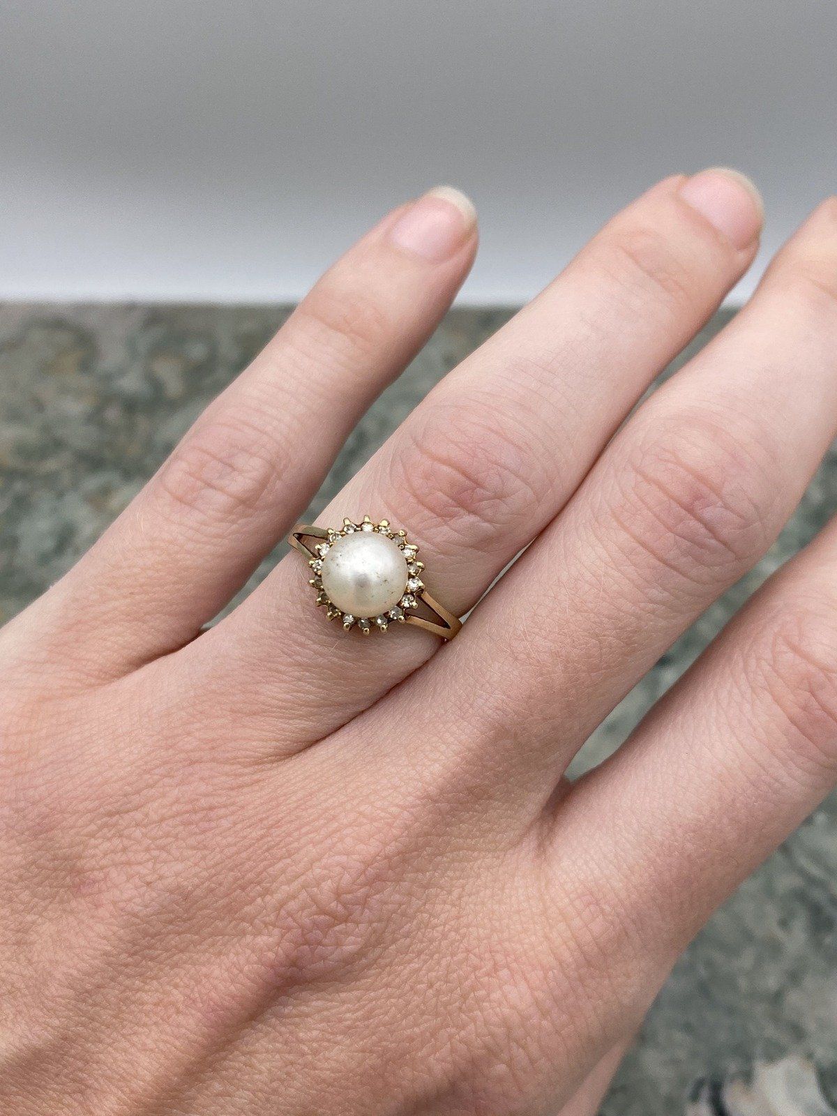 Vintage 14k Gold Cultured Pearl + Diamond Halo Ring 4