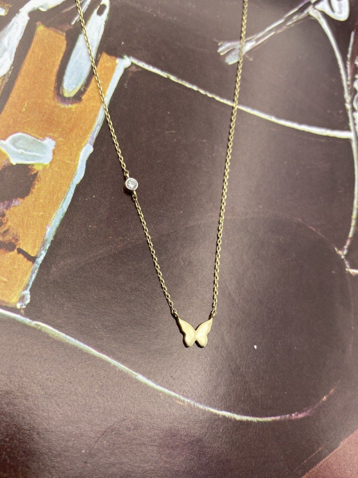 14k Butterfly Necklace w Small Bezel Set Diamond Chain Detail 16L 2
