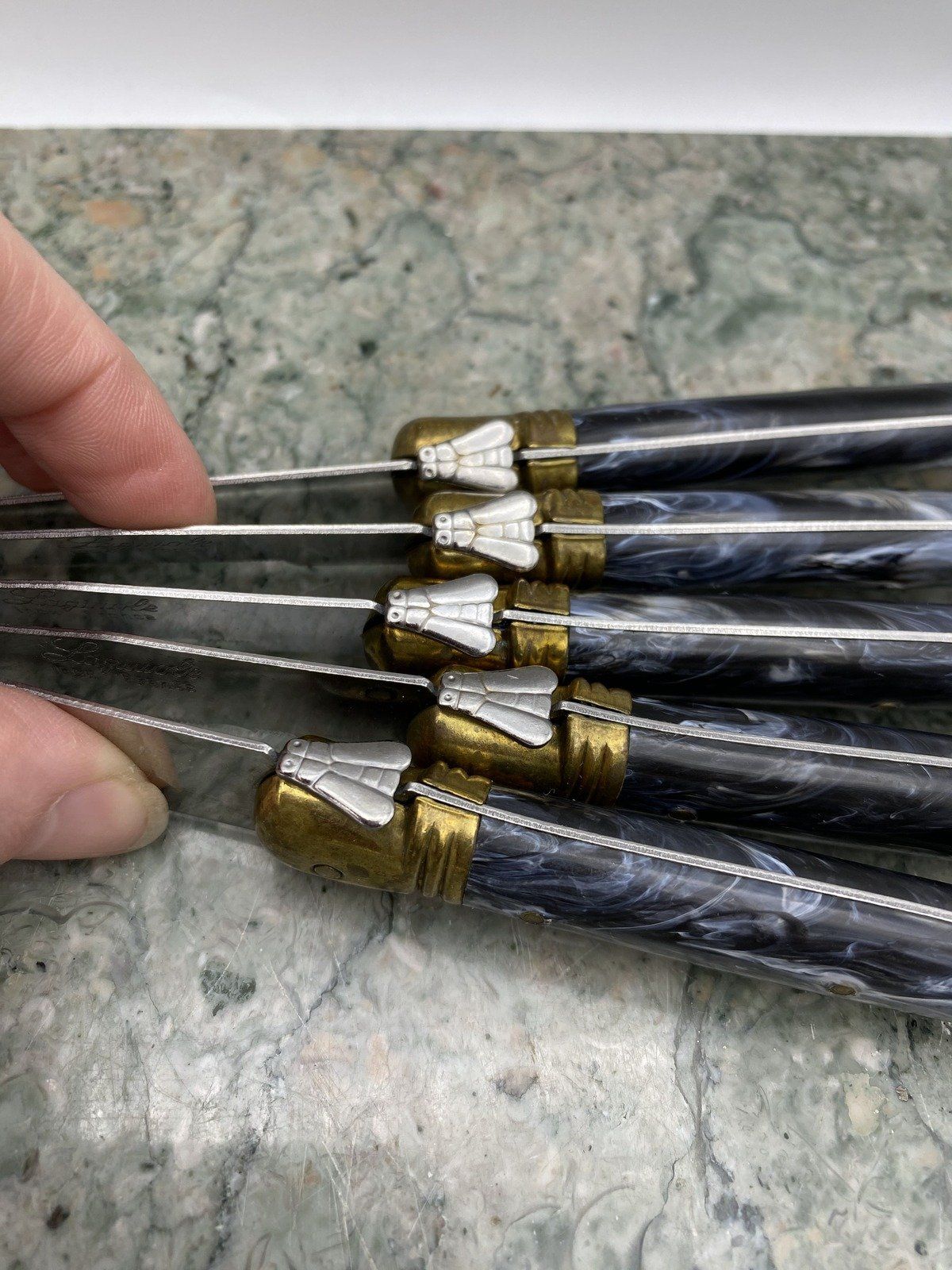 5x Vintage French LAGUIOLE Steak Knives w Bee Adornment Culinary Steel and Brass Knives