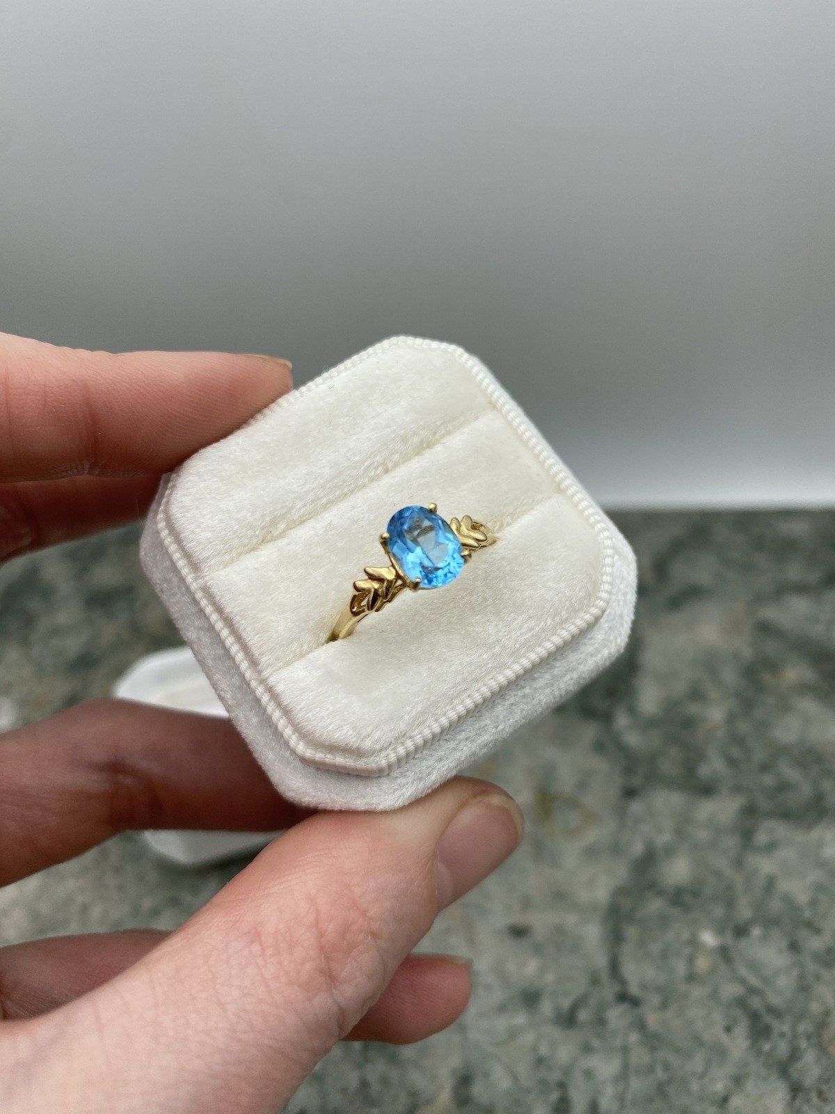 14k Gold Oval Cut Blue Topaz Solitaire Ring w Angular Shoulder Detail 7
