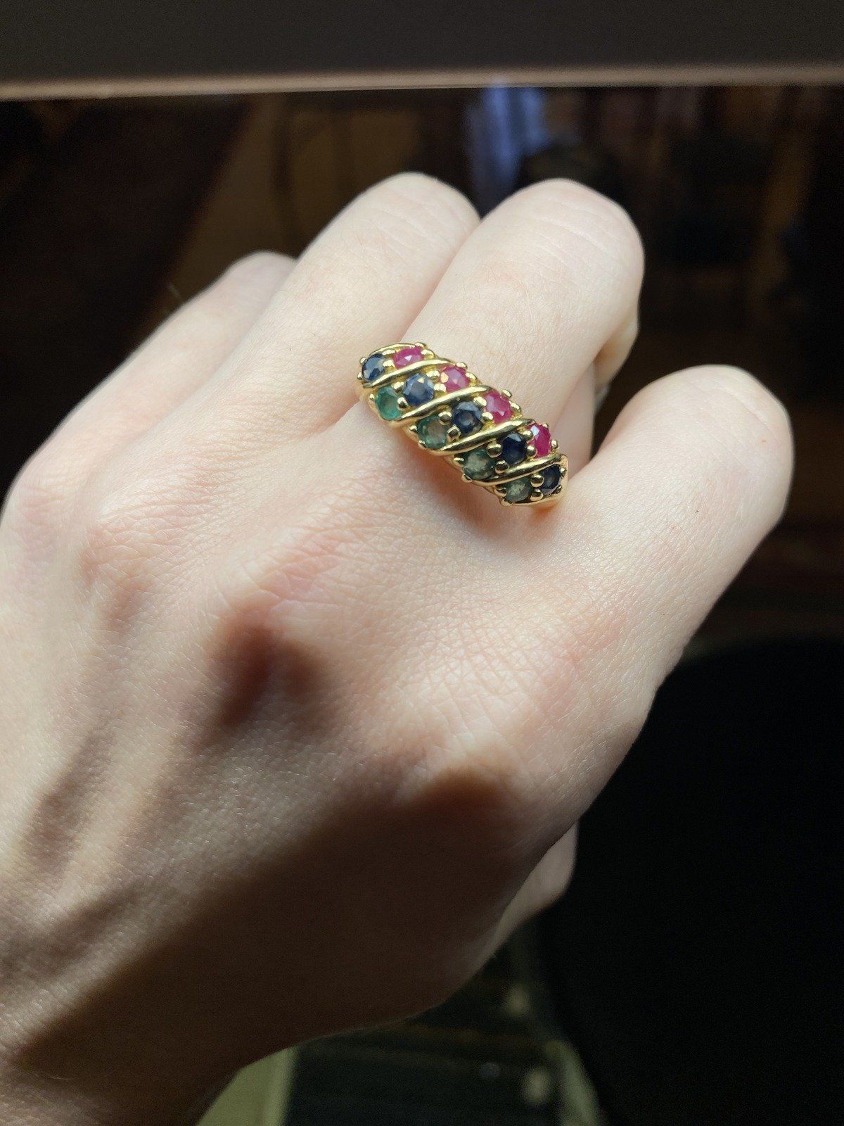 Vintage 14k Gold Trio Ruby + Emerald + Sapphire Ring Bombe Band #2794 6