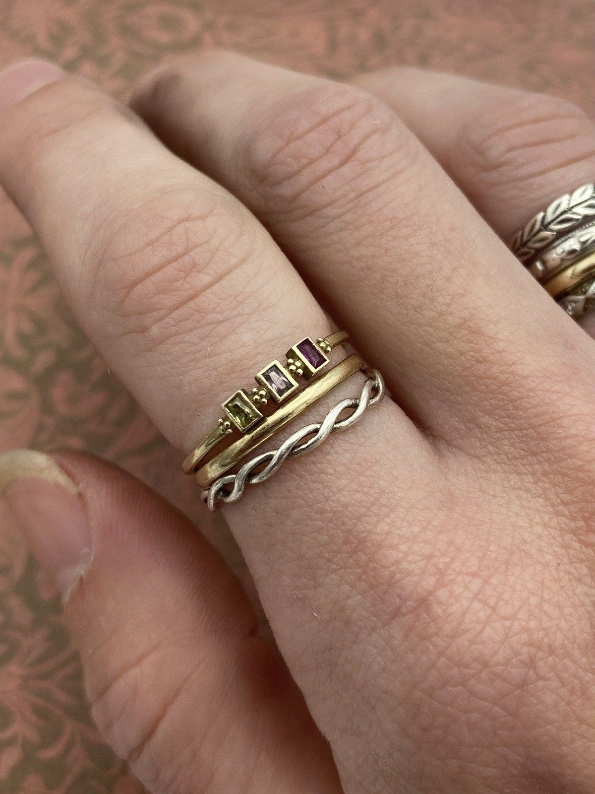 14k Gold Emerald Cut Ruby + Sapphire Duo Stackable Ring Band 3