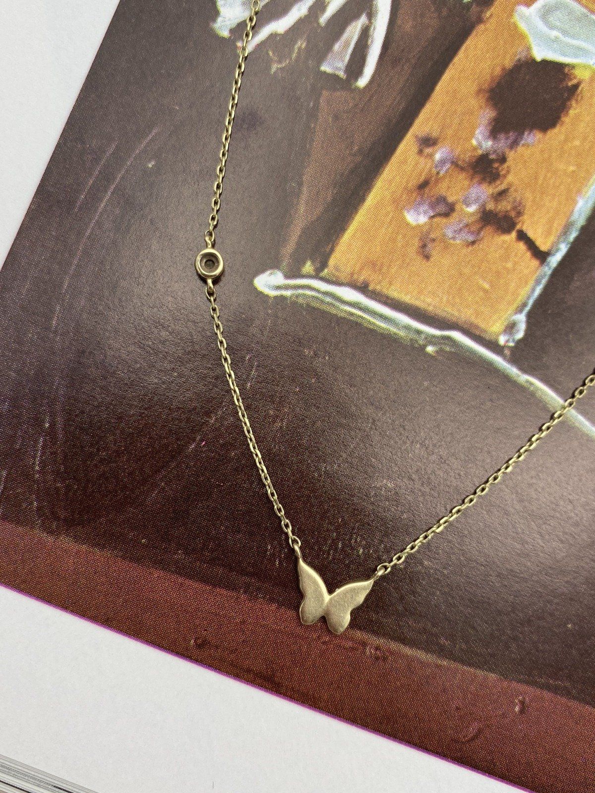 14k Butterfly Necklace w Small Bezel Set Diamond Chain Detail 16L 5