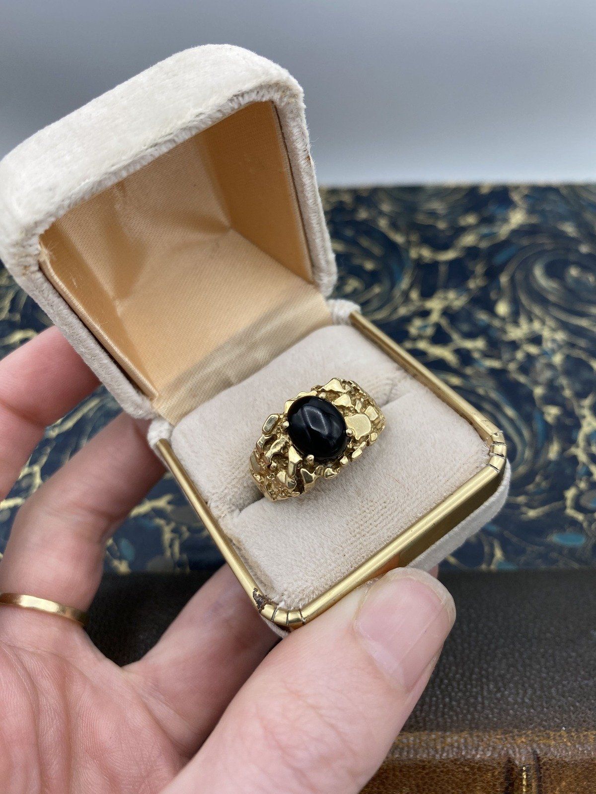 Men's 10k Gold Freeform Gold Nugget Ring w Black Onyx Cut Cabochon #2480 5