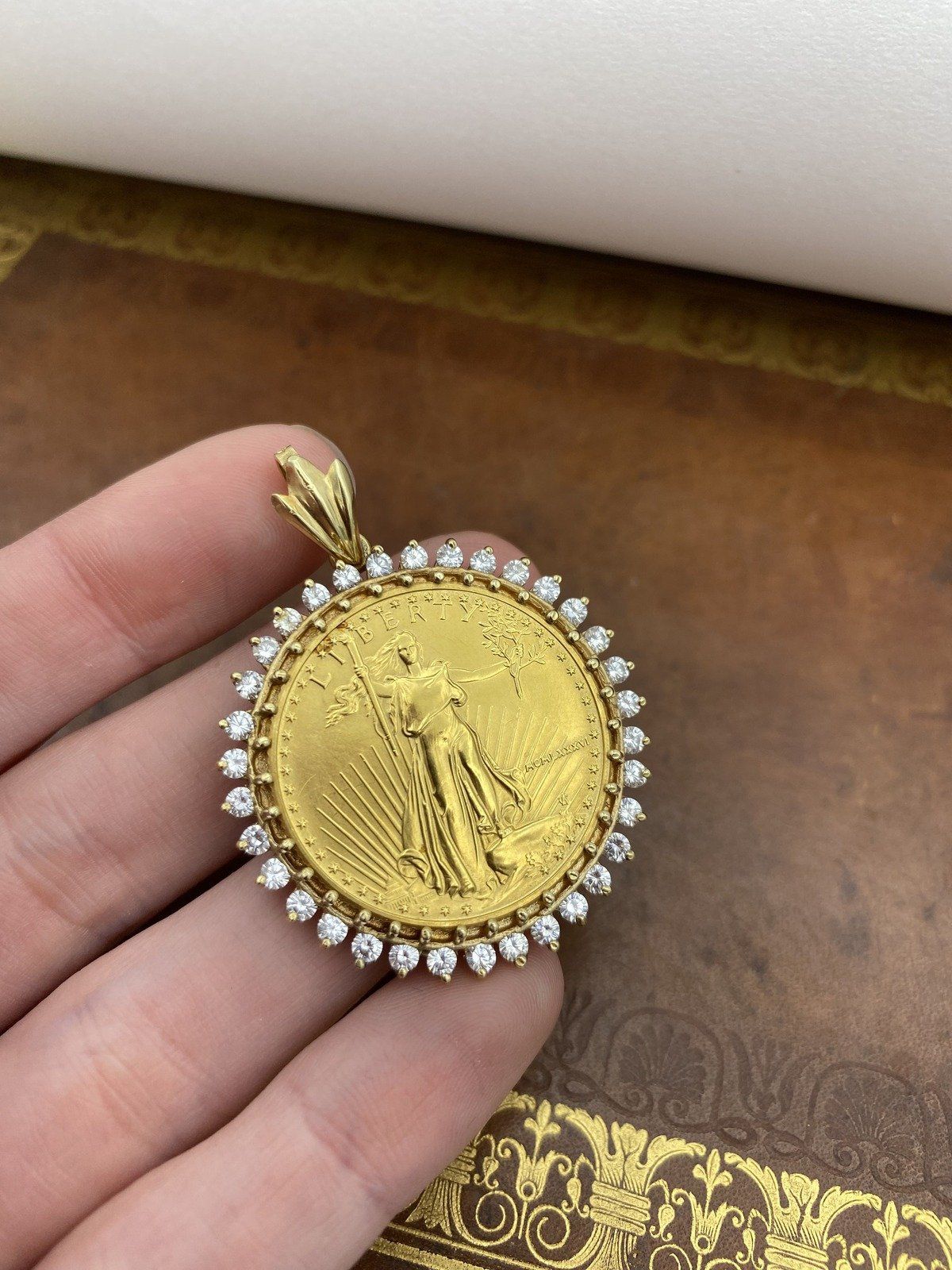 1/2 oz American Gold Eagle Coin Pendant with White Topaz Bezel 14K 5