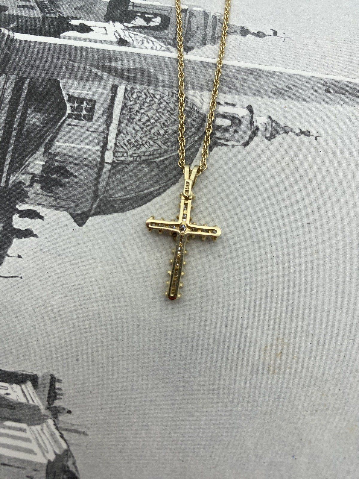14k Gold Pave Set .80ctw Classic Diamond 1L Cross Drop Necklace 16L #3059 5