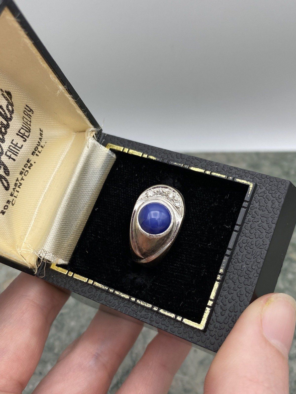 Antique Edwardian 14k Brushed White Gold Star Blue Sapphire + Old Mine Diamond Art Deco Ring 2