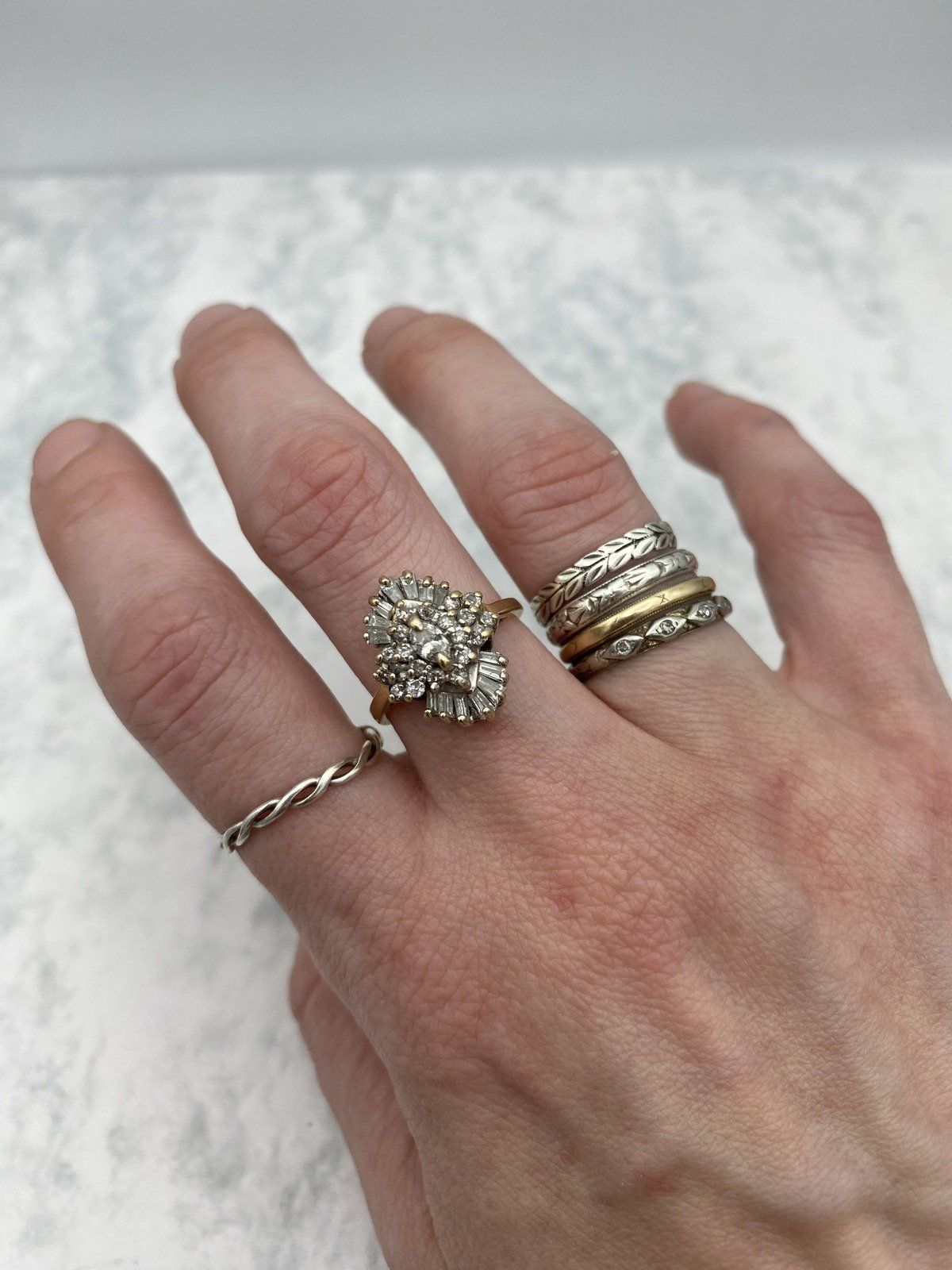 14k Vintage Diamond Spray Cluster Burst Ring w Baguettes + Marquise Center Diamond Ring 7