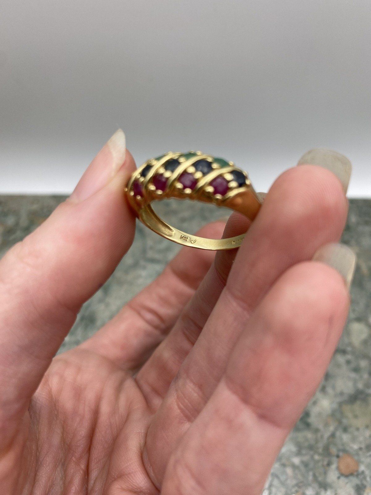 Vintage 14k Gold Trio Ruby + Emerald + Sapphire Ring Bombe Band #2794 3