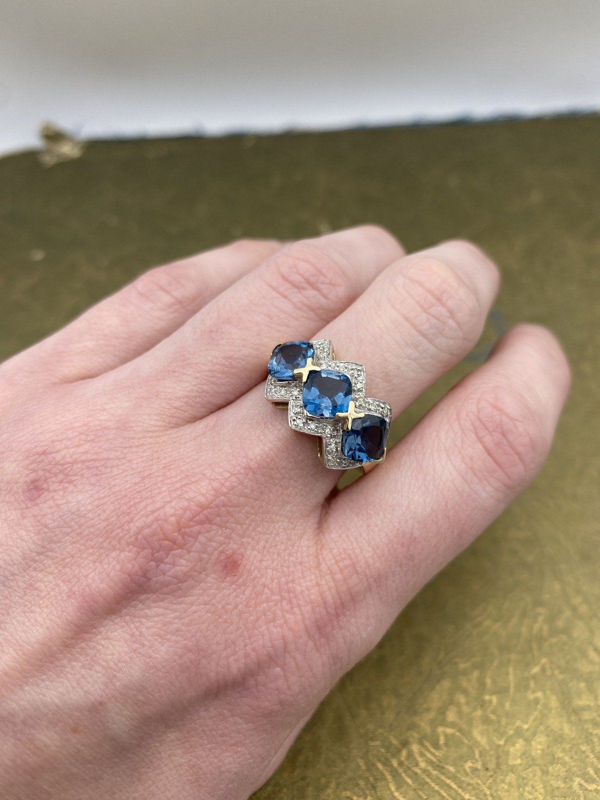 14k Gold Blue Tourmaline + Diamond Cushion Trio Ring 6