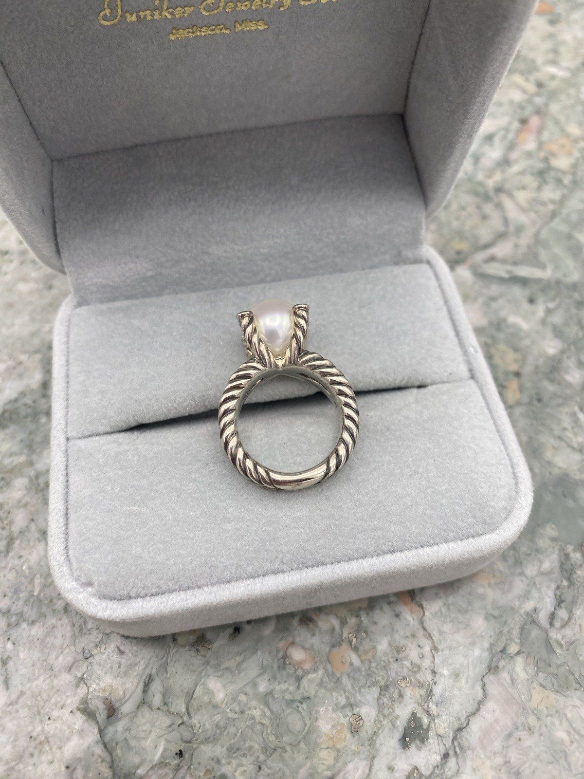 David Yurman Sterling Silver Rope Twist + Pearl + Diamond Prong Solitaire Ring 4