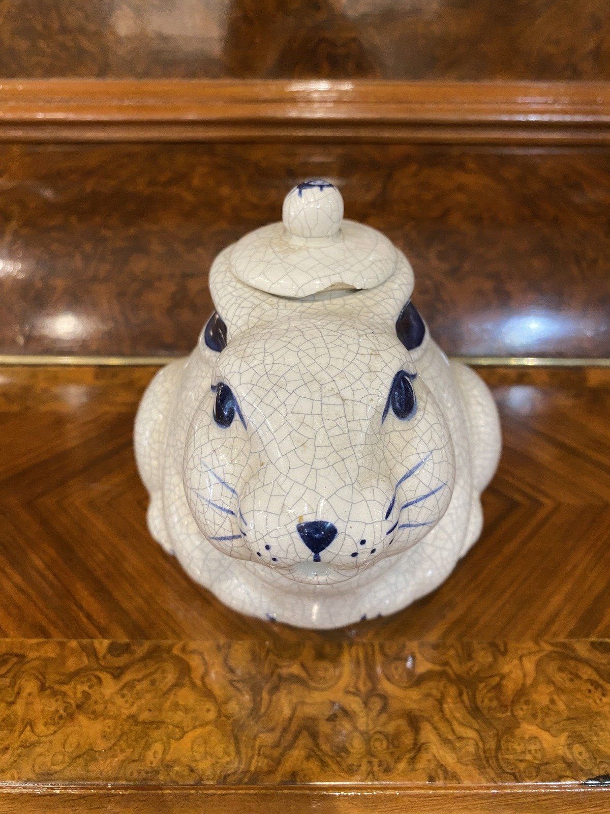 Rare Dedham Signed Vintage g.1999 Blue White Crazed Bunny Rabbit Tea Pot w Lid 6
