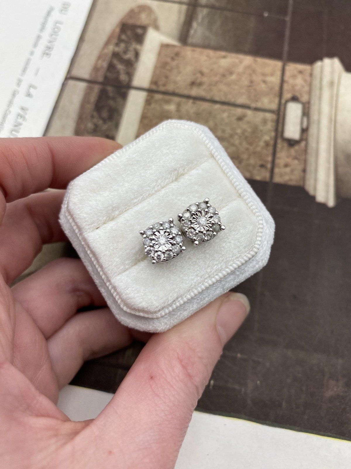 Sterling Silver Genuine Diamond Large Cluster Stud Earrings #2333 3