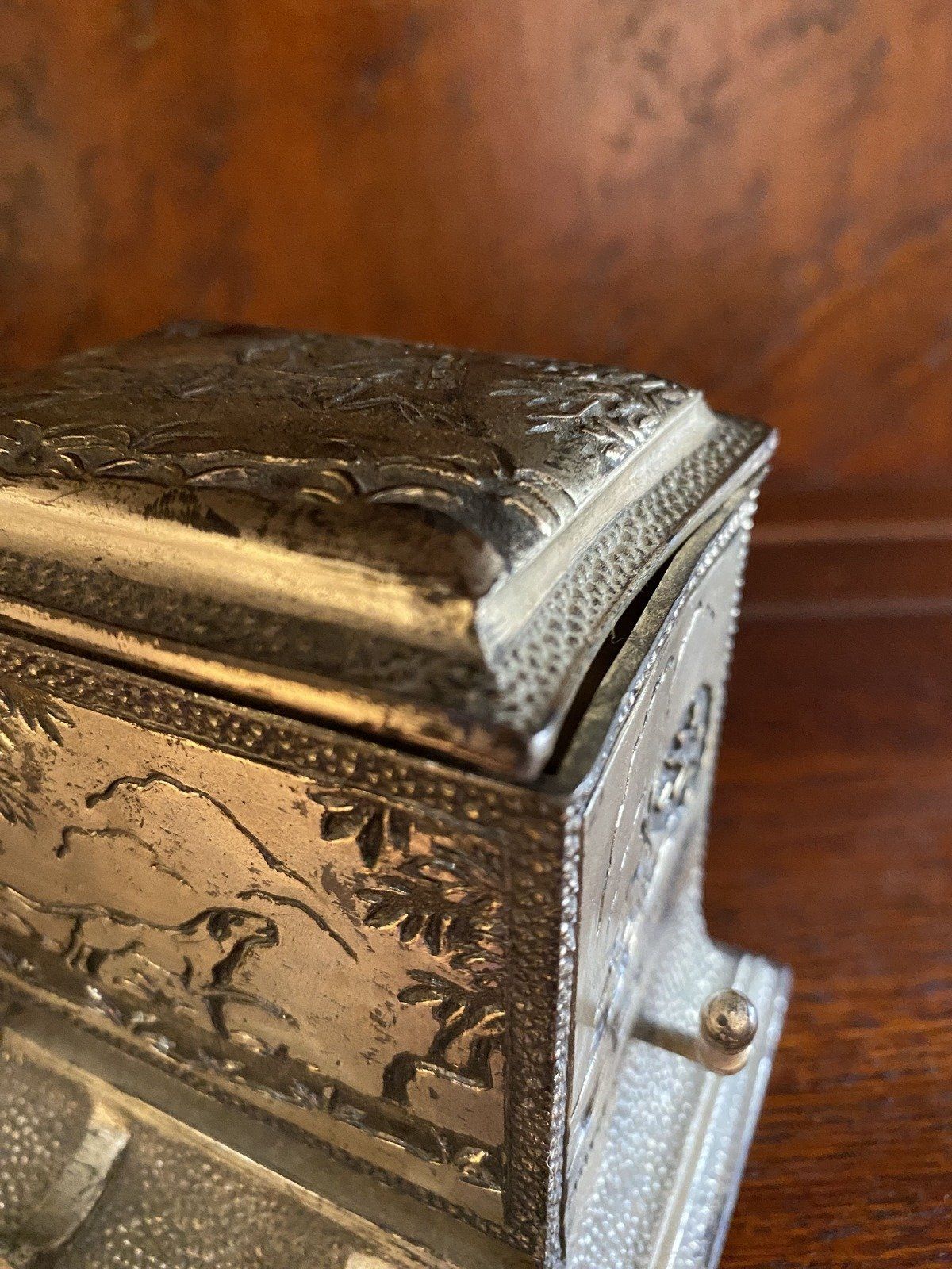 Antique c.1910/20s Silver Plated Functional Cigarette Dispenser w Hunter's Motif + Fauna Etching 2