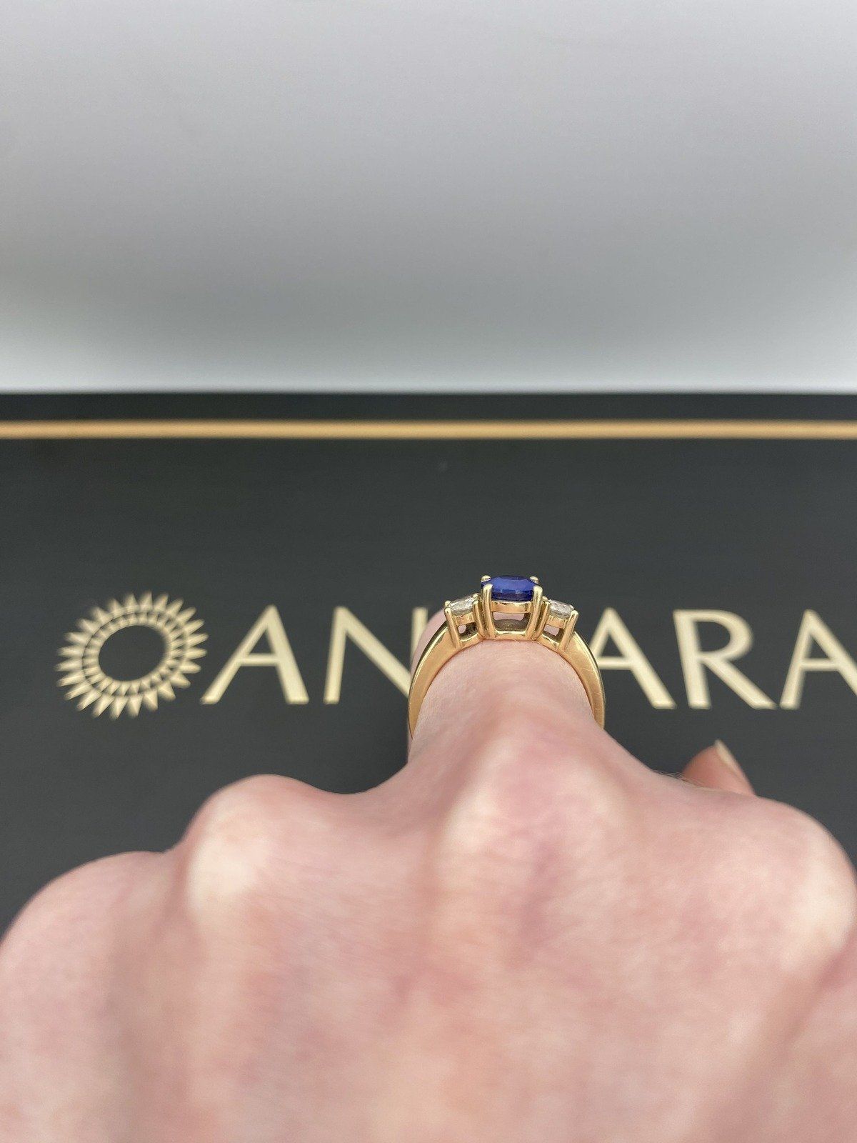 Angara 14k Gold 1ct Sapphire + .32ct Diamond Trio Stone Ladies Ring w GIA + Display Box 7