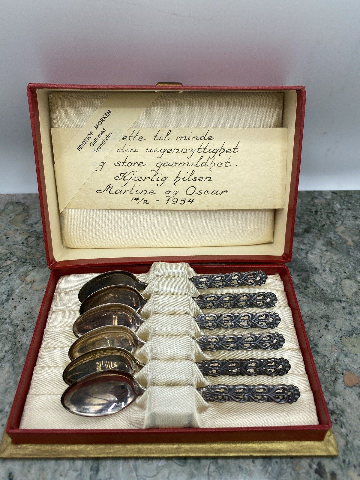 Vintage c.1954 Set of 6 Norwegian 830 Silver Demitasse Spoons + Original Box