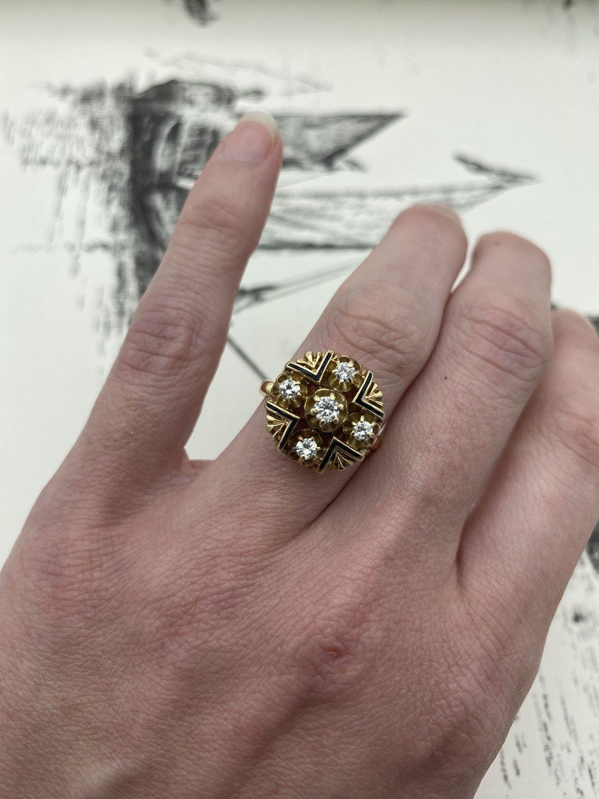 Antique Victorian c.1900s 14k Gold + Black Enamel .75ctw Quintette Diamond Ring 5