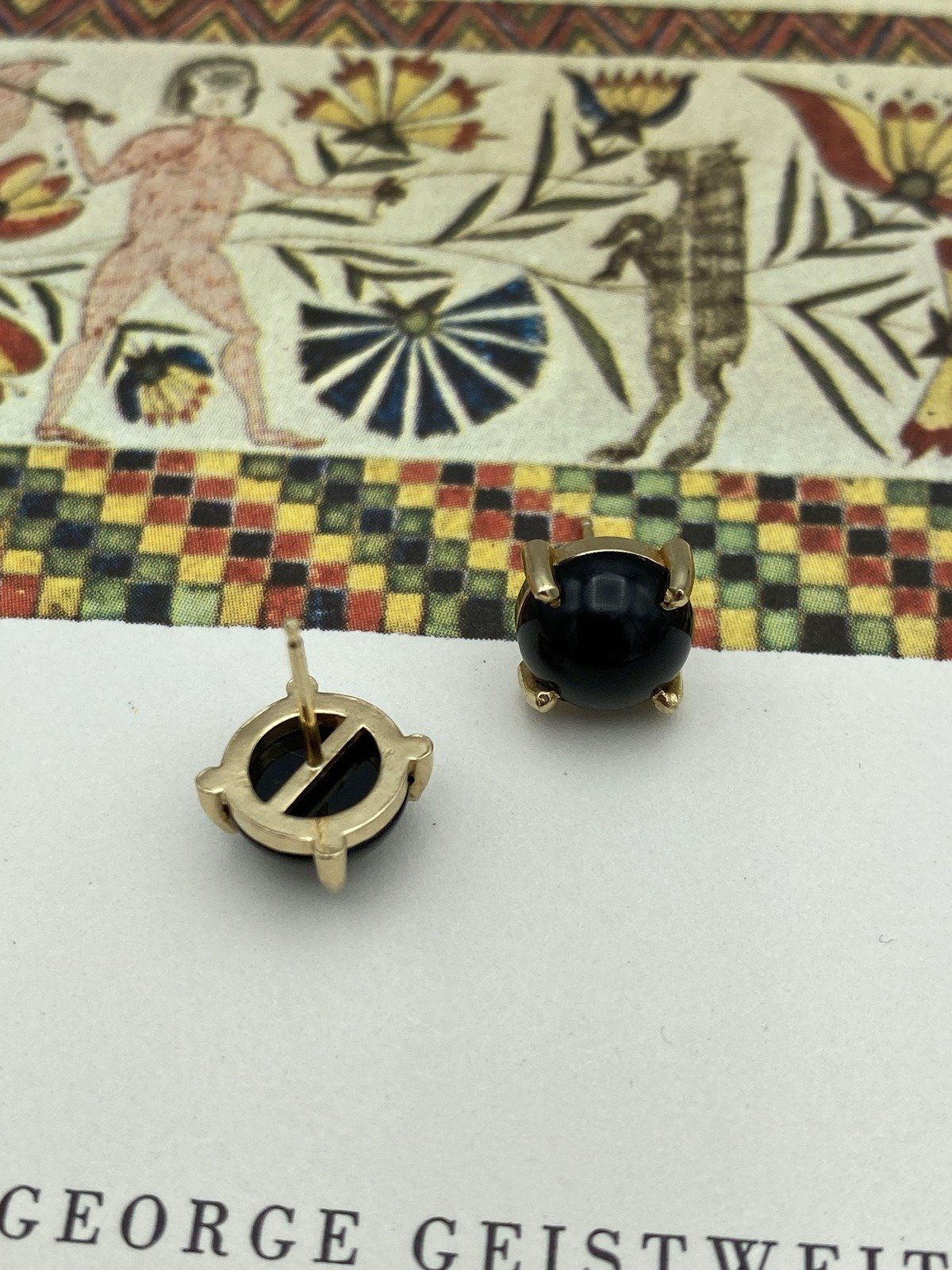 Mod 14k Gold Black Onyx Button Stud Earrings 2
