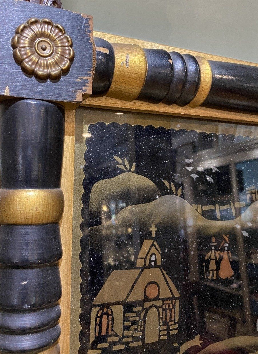 Antique Black and Gold Mirror w Painted Townscape 3