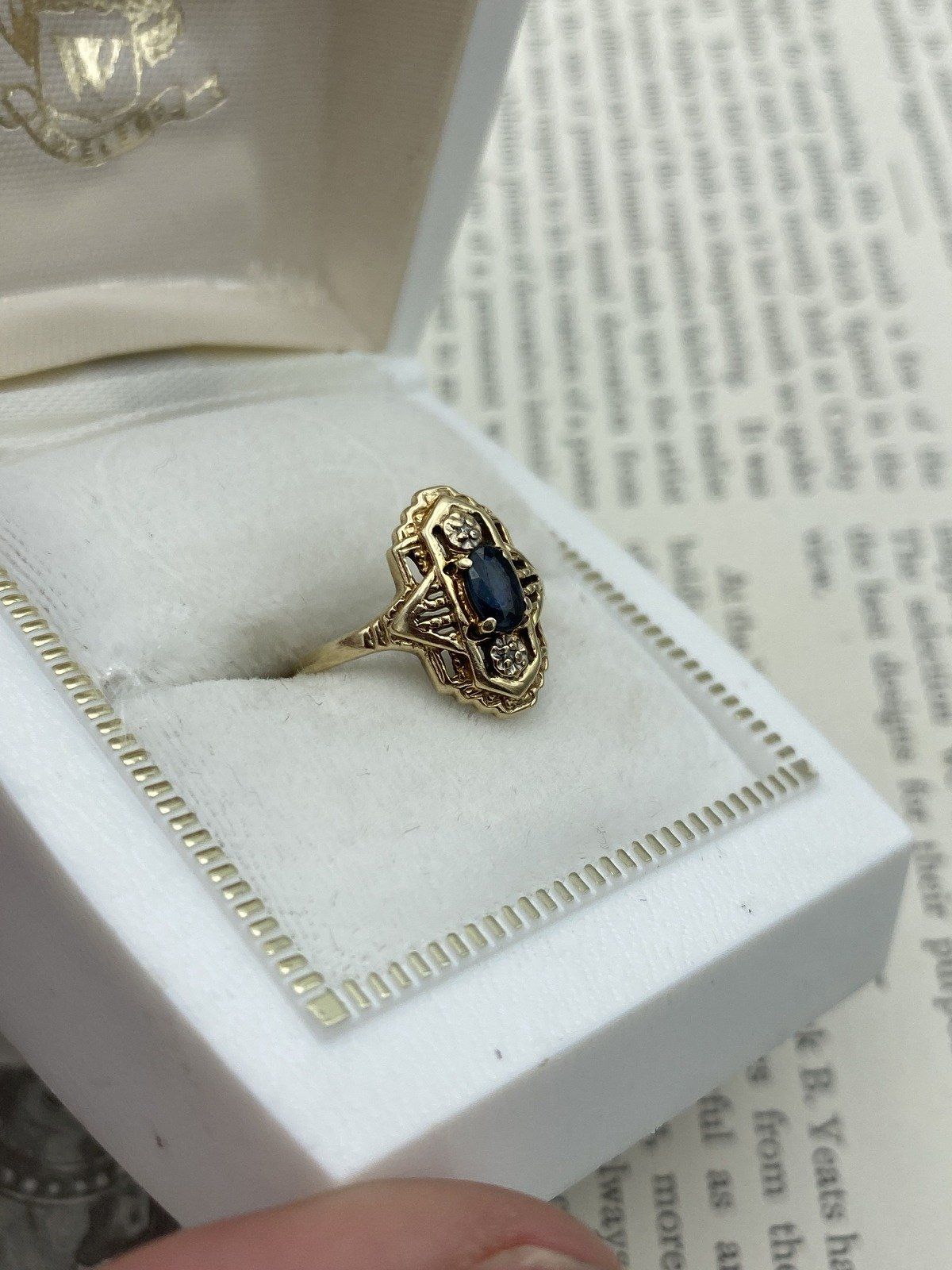 Precious Antique 14k Gold Oval Blue Sapphire Reticulated Navette Pinky Ring 2