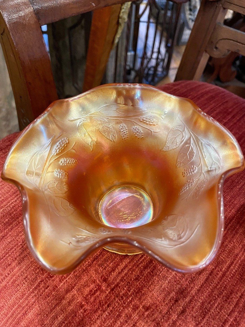 Pair of Leaf Molded Orange Carnival Glass Votive Holders w Pinched Rims 2