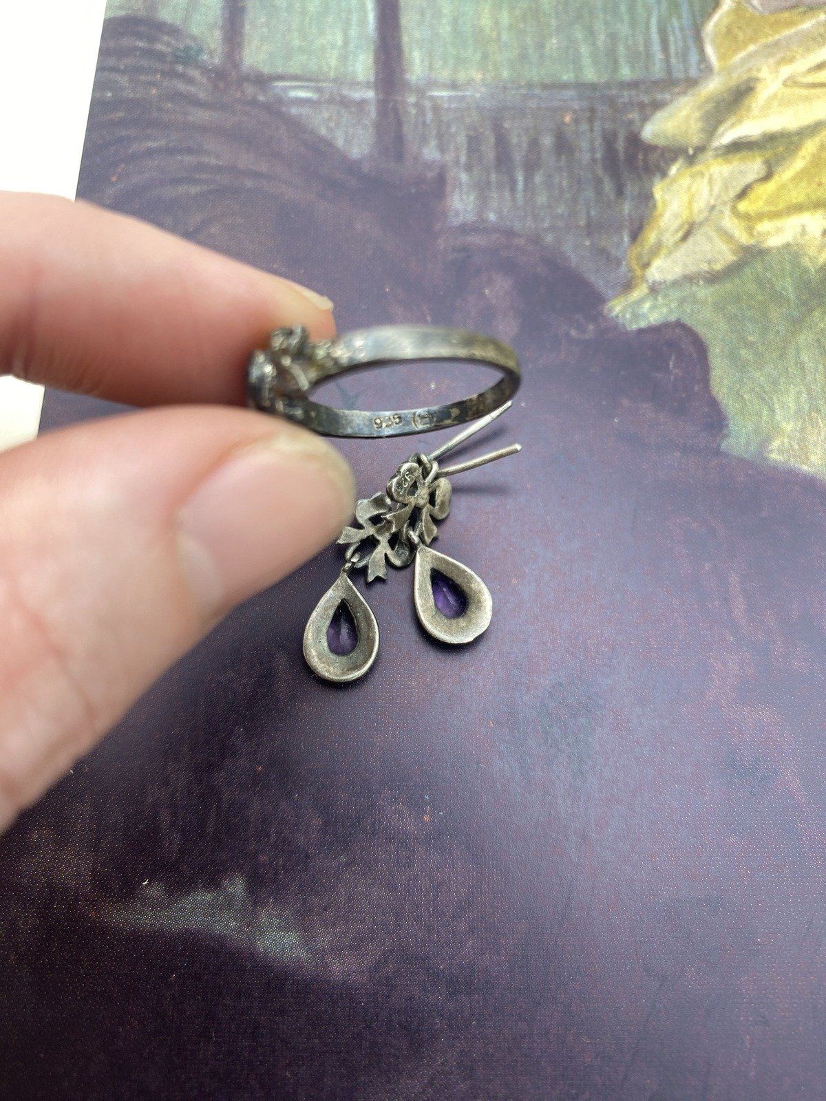 Antique c.1920s Sterling Silver Marcasite + Amethyst Heart Ring + Drop Earrings *SET* 7